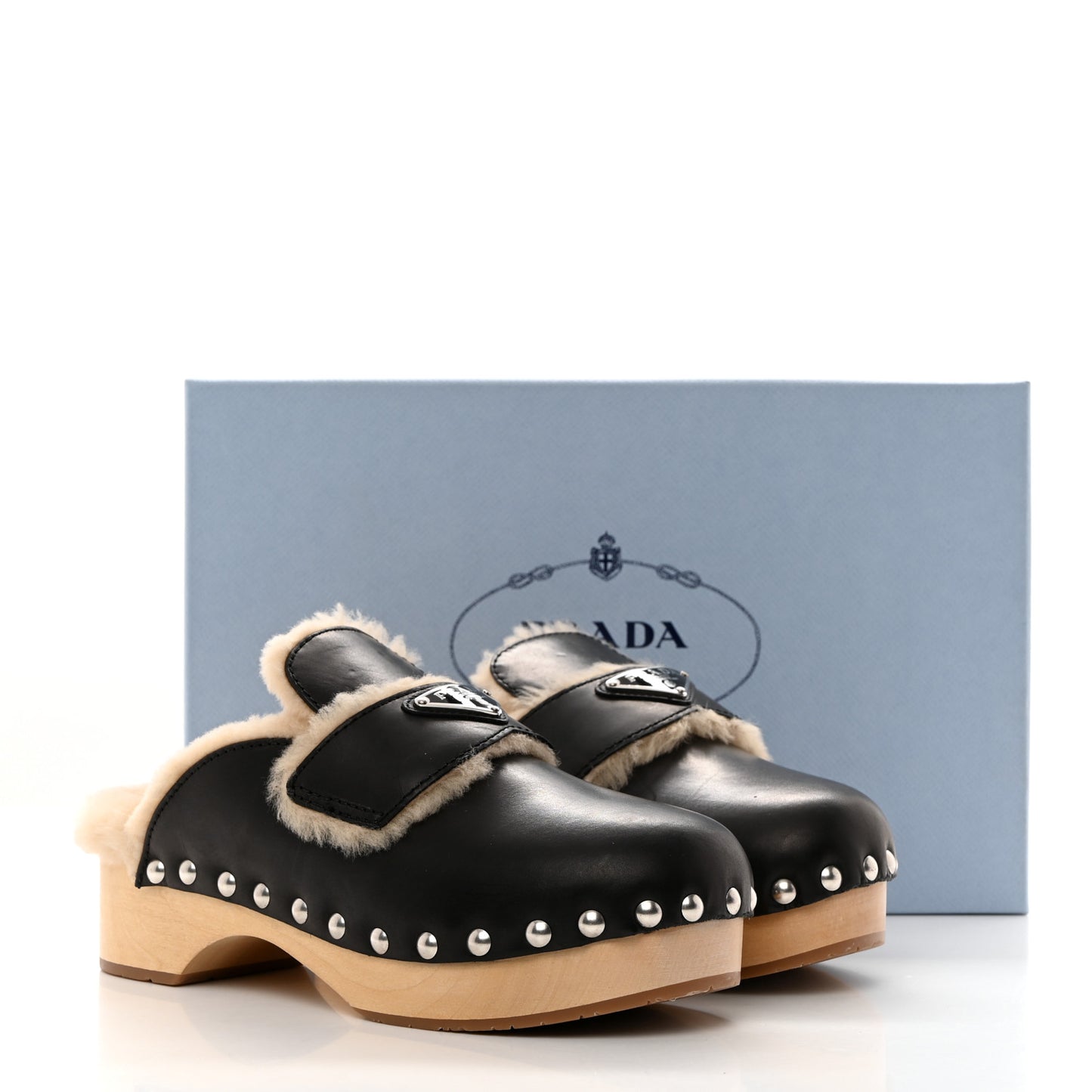Natural Calfskin Shearling Metal Triangle Logo 45mm Clogs 37 Black Sabbia