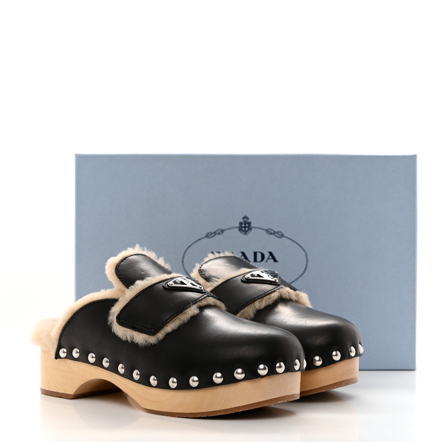 Prada Natural Calfskin Shearling Metal Triangle Logo 45mm Clogs 37 Black Sabbia 9 of 9