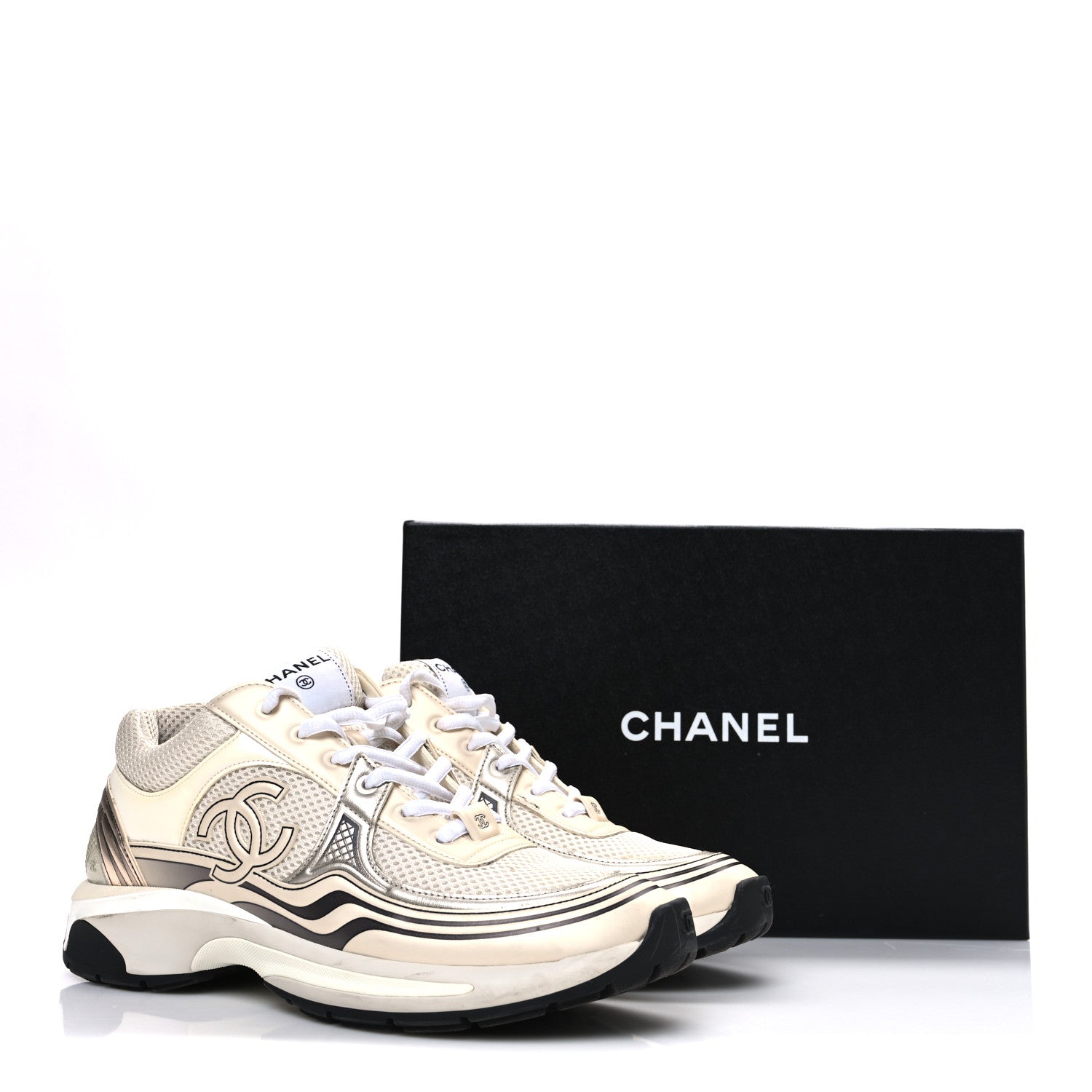 Chanel Fabric Laminated Calfskin Stretch CC Sneakers 41 Ivory