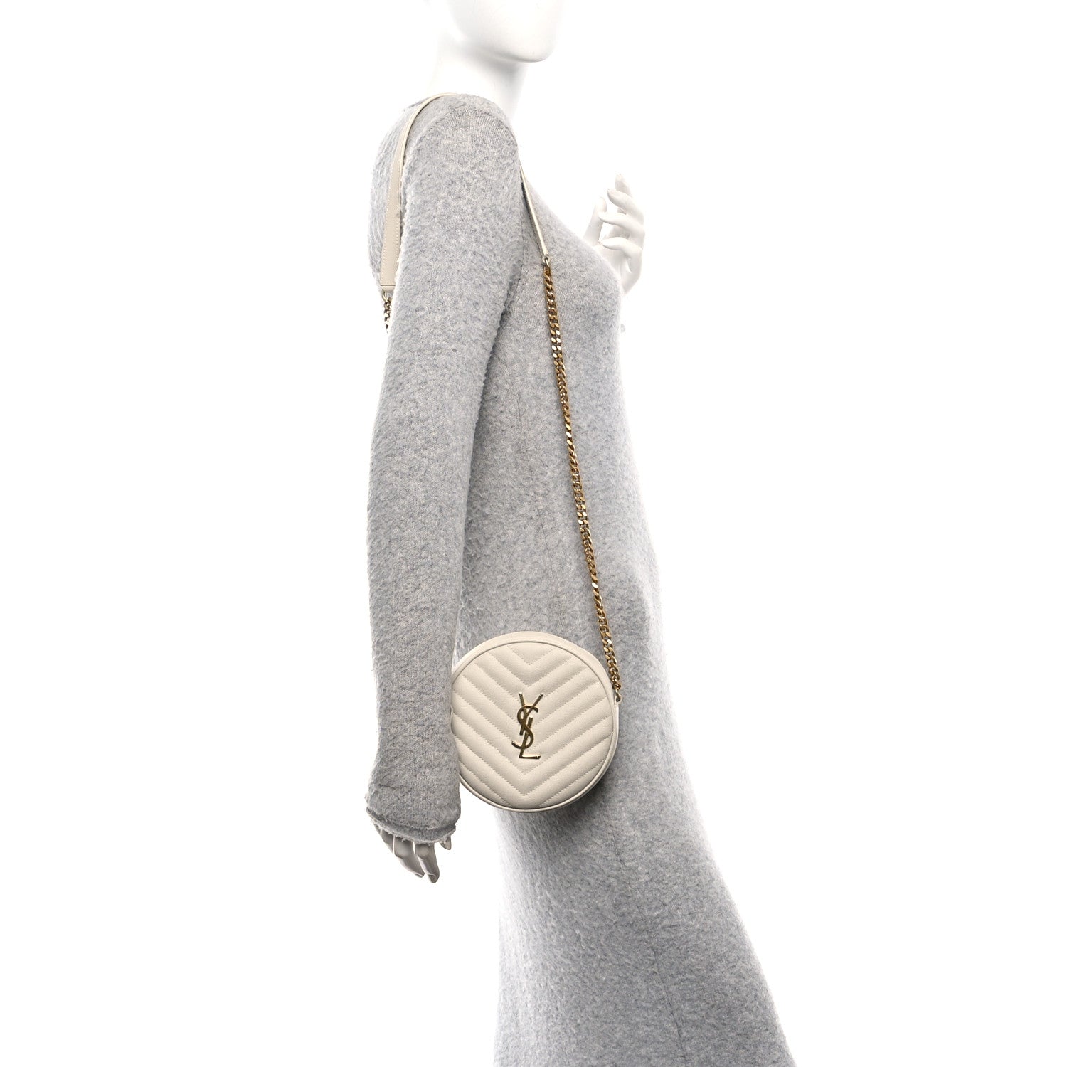Saint Laurent Grain De Poudre Matelasse Chevron Quilted Round Vinyle Camera Bag Crema Soft 3 of 40