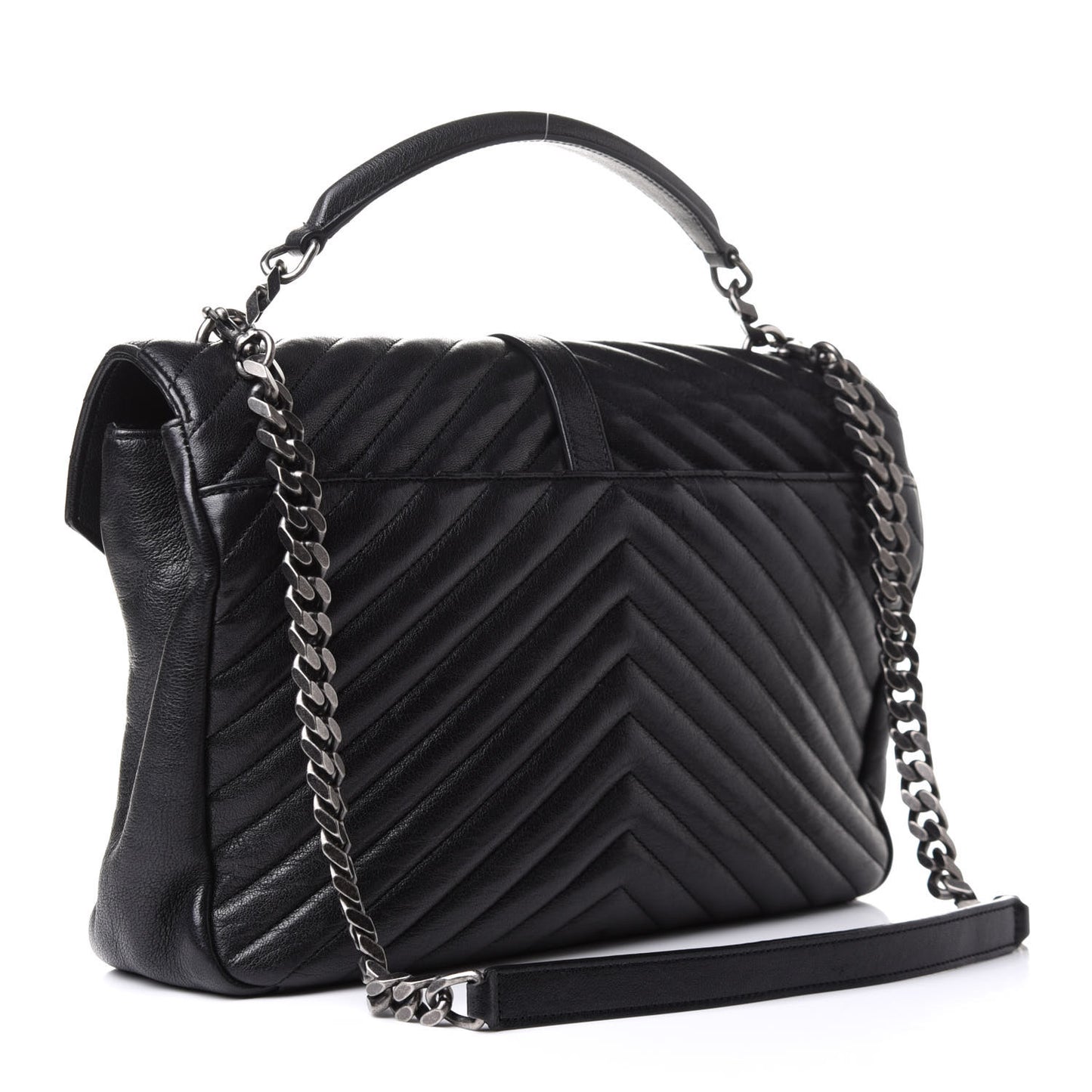 Sheepskin Matelasse Chevron Monogram Monochrome Large College Satchel Black