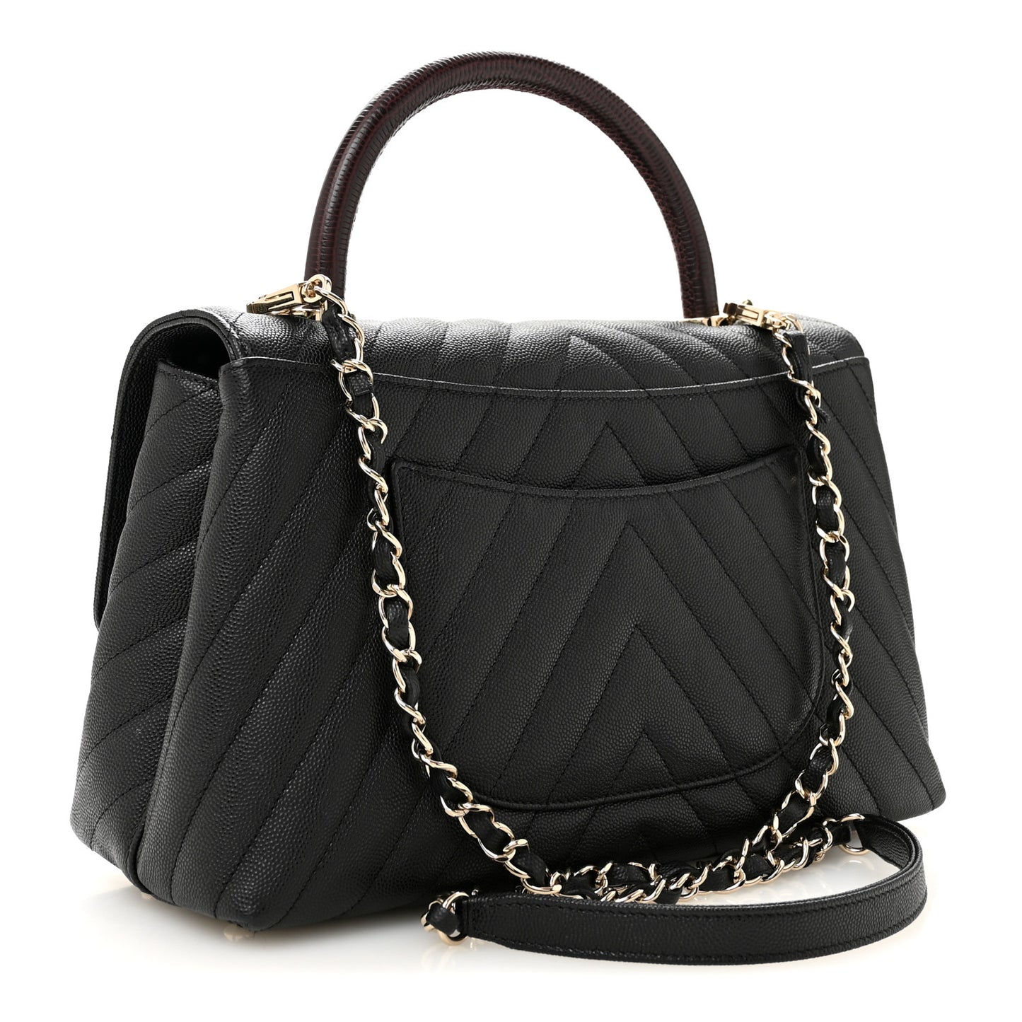 Caviar Lizard Embossed Quilted Chevron Small Coco Handle Flap Black
