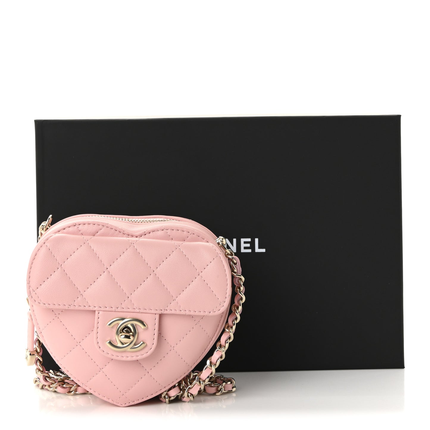 Lambskin Quilted CC In Love Heart Clutch With Chain Light Pink