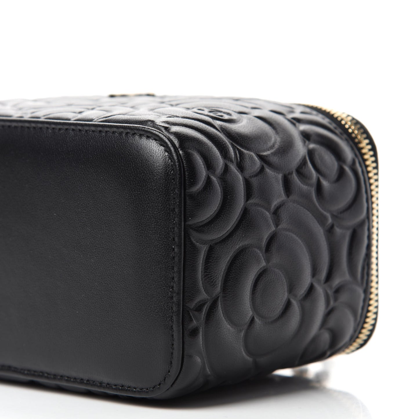 Lambskin Camellia Embossed Small Vanity Case With Chain Black
