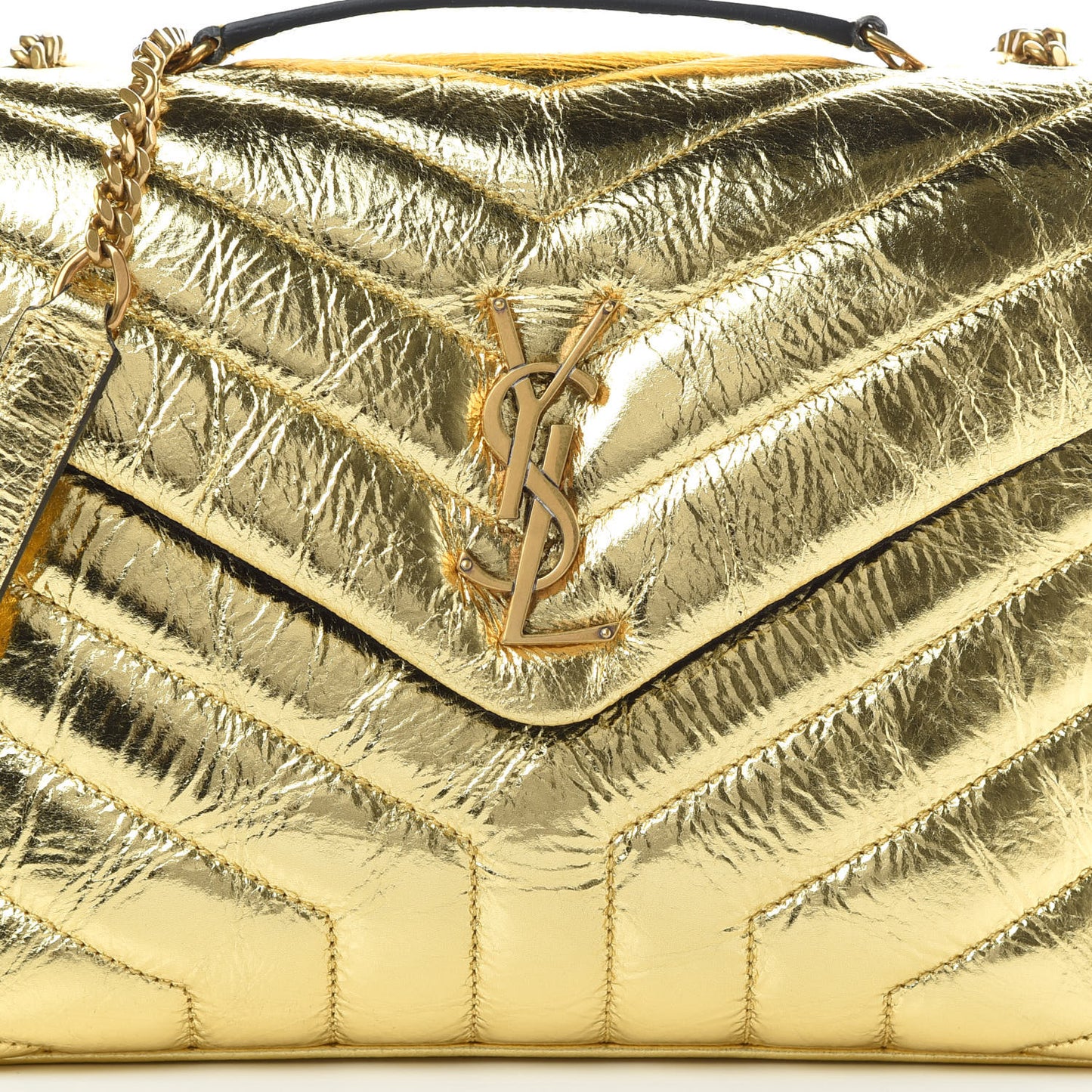 Metallic Calfskin Y Quilted Small Loulou Monogram Chain Satchel Gold
