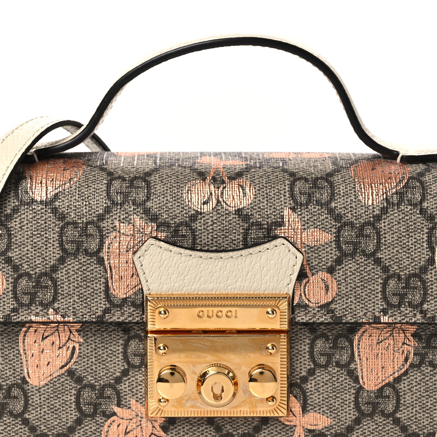 Gucci GG Supreme Monogram Berry Textured Dollar Calfskin Mini Padlock Top Handle Shoulder Bag Beige Ebony Light Copper Mystic White 8 of 12