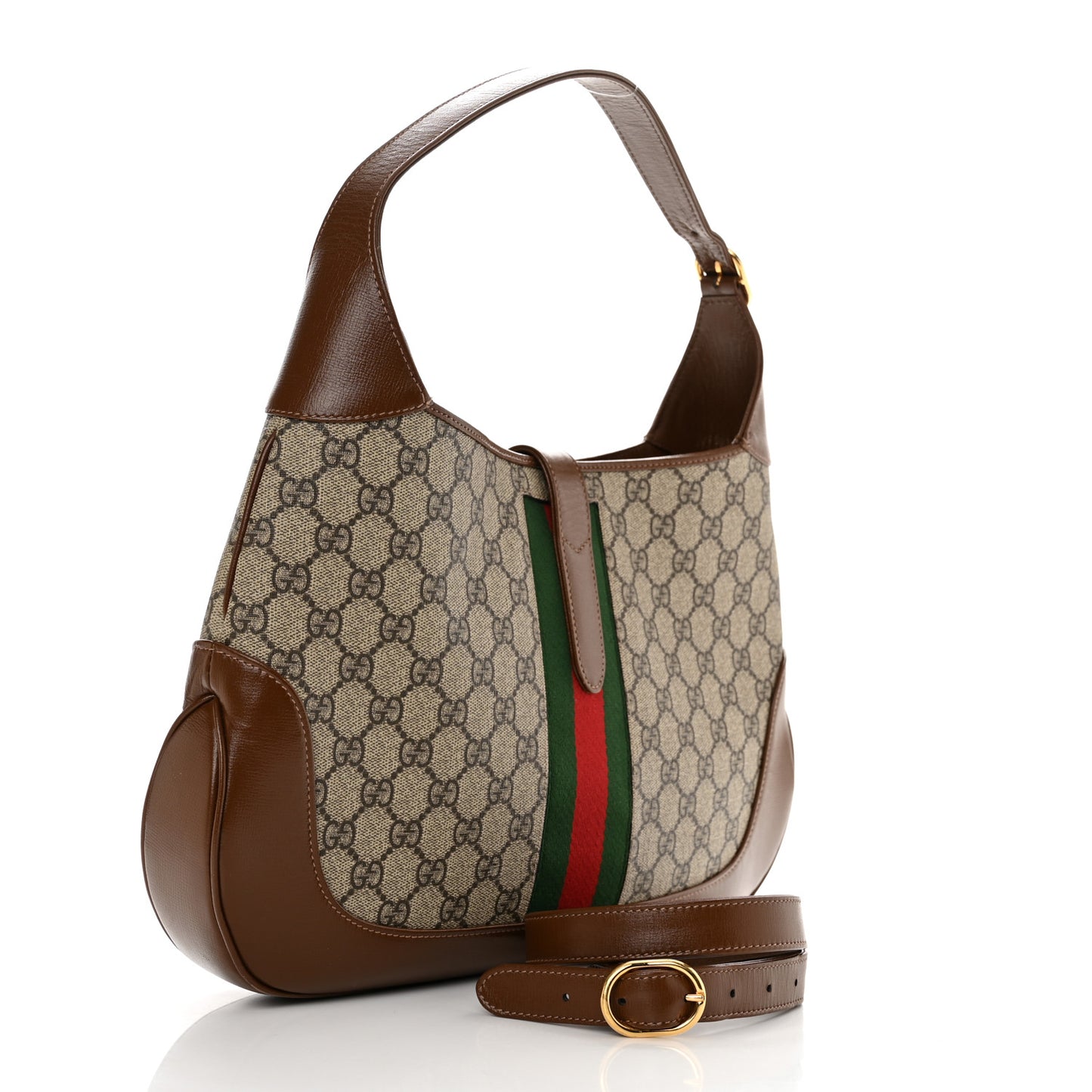 GG Supreme Monogram Azalea Calfskin Web Medium Jackie 1961 Hobo Beige Ebony Brown Sugar