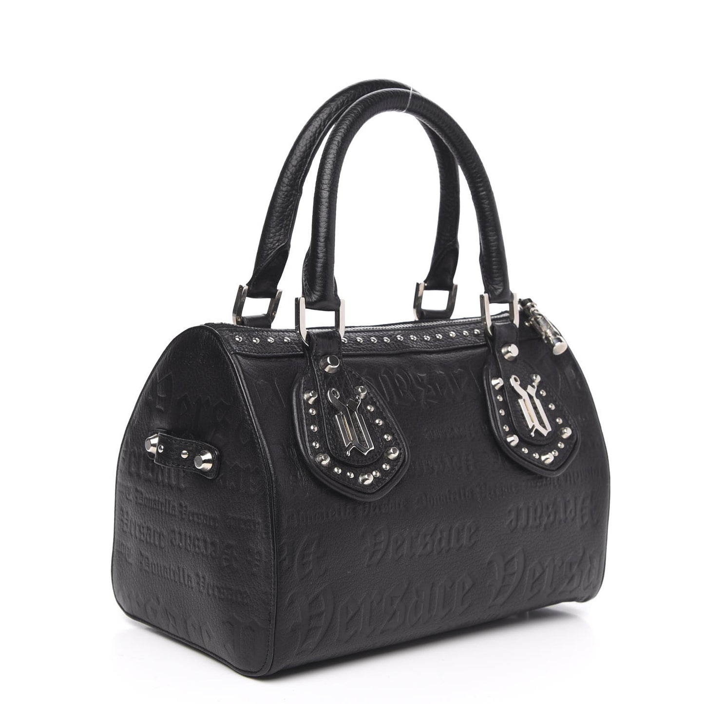 Calfskin Studded Logo Embossed Satchel Black