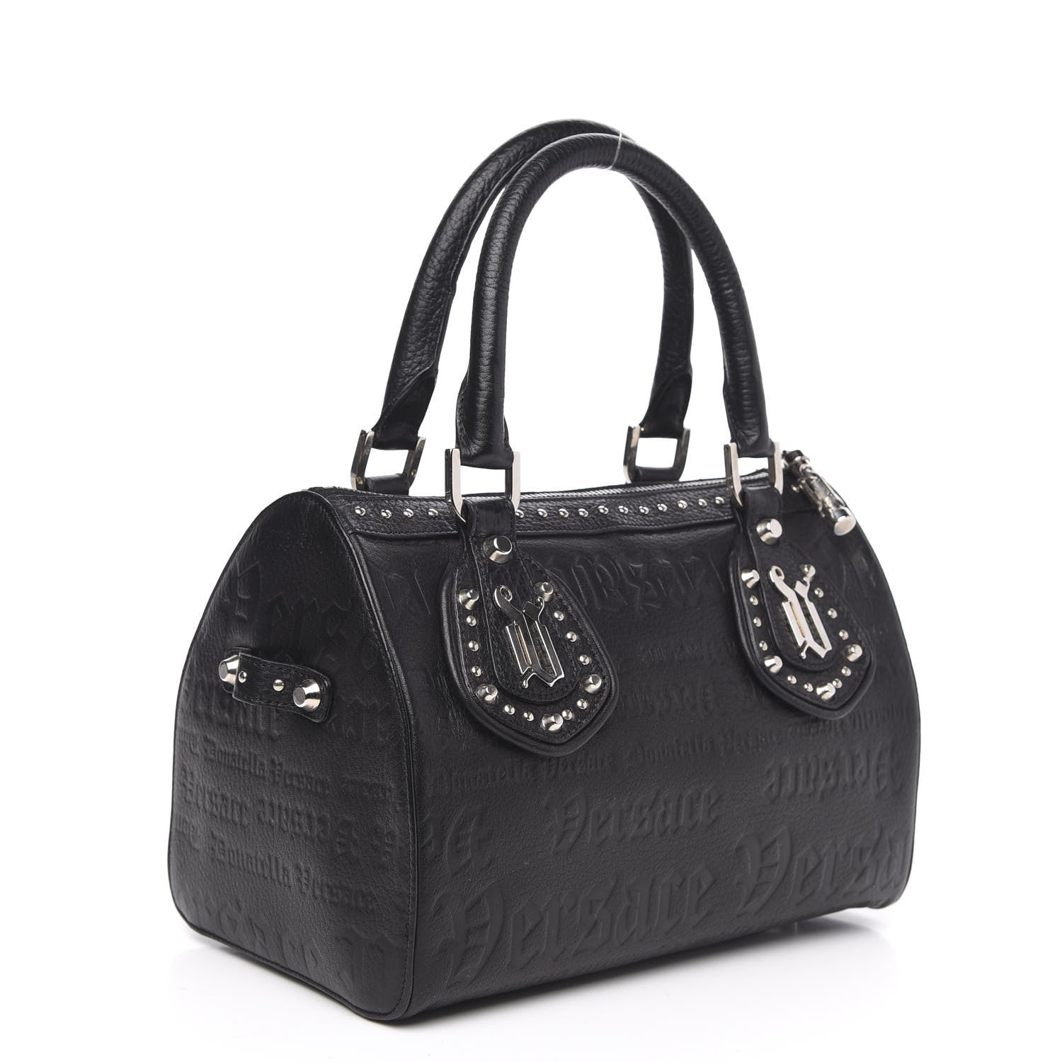 Versace Calfskin Studded Logo Embossed Satchel Black 3 of 9