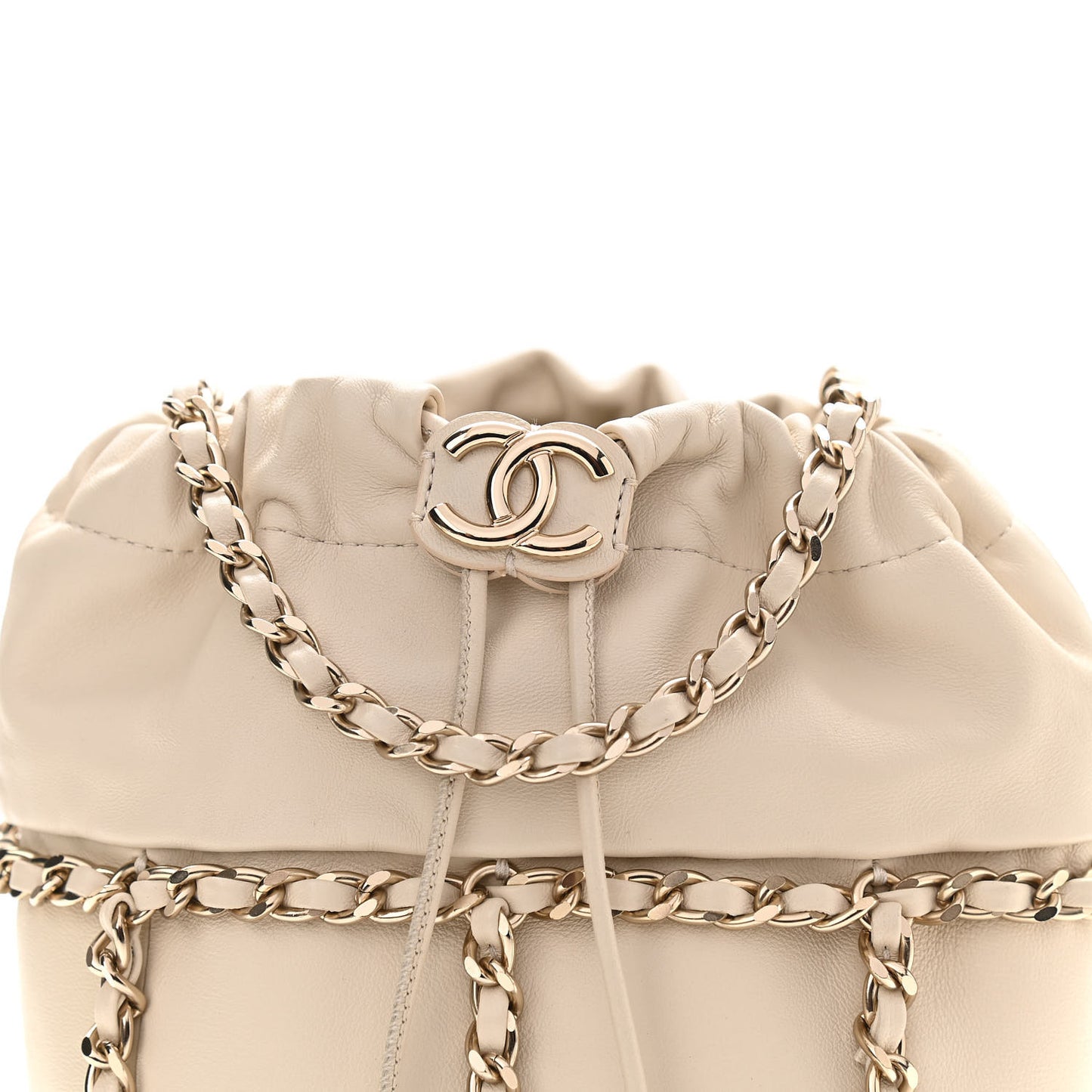 Lambskin Bucket Chain Drawstring Bag Beige