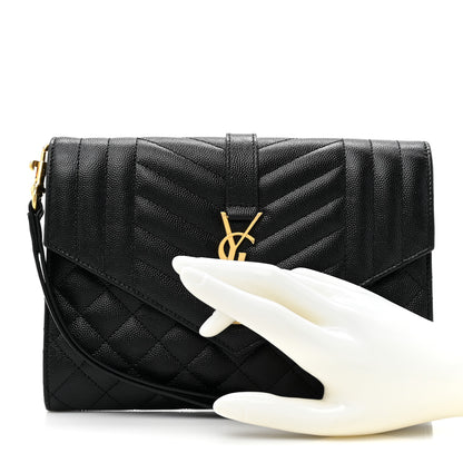Saint Laurent Grain De Poudre Textured Mixed Matelasse Triquilt Monogram Clutch Black 2 of 10