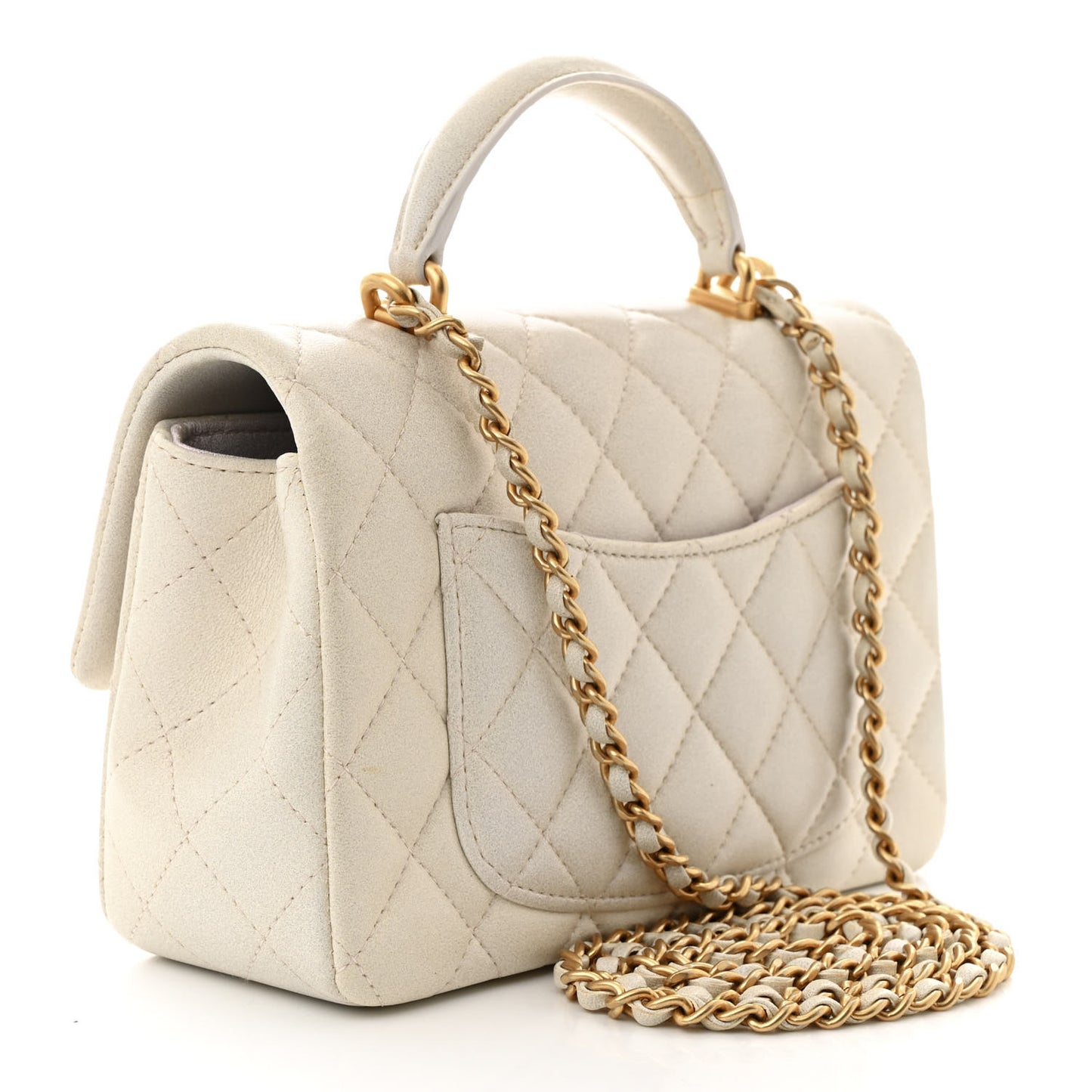 Iridescent Lambskin Quilted Mini Top Handle Rectangular Flap White