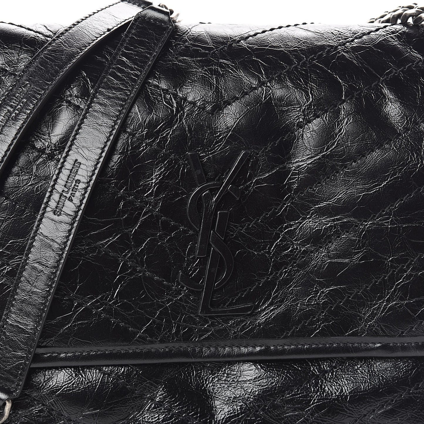 Crinkled Calfskin Matelasse Monogram Medium Niki Chain Satchel Black