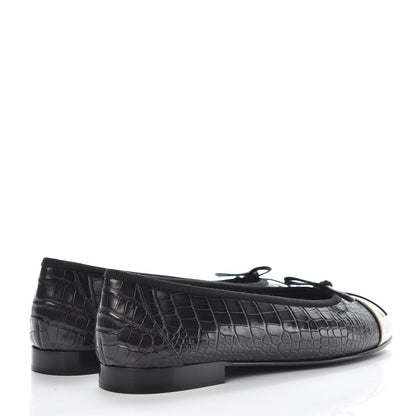 Chanel Crocodile Patent CC Cap Toe Ballerina Flats 38 Black 4 of 8