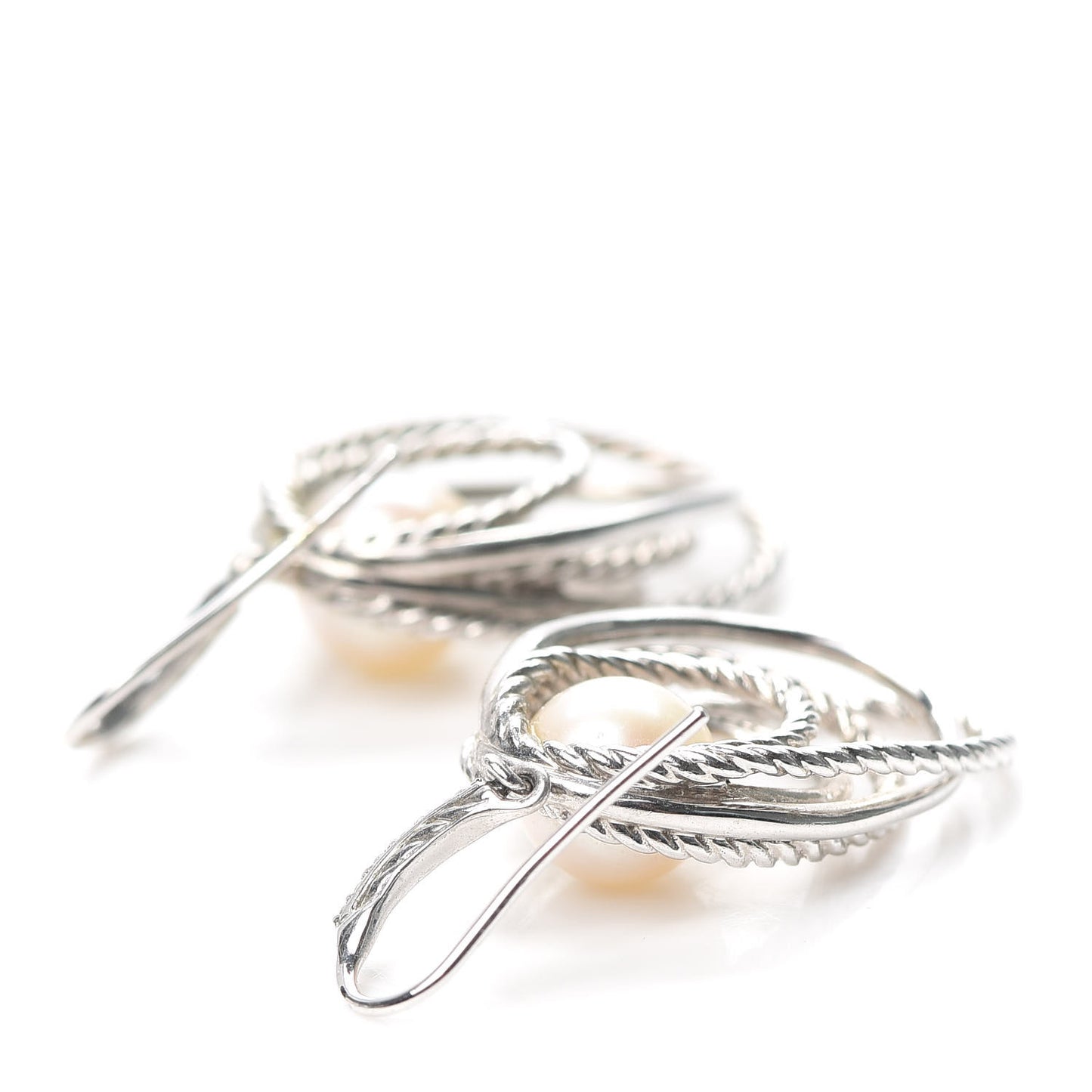 Sterling Silver Pearl Diamond Crossover Cable Drop Earrings