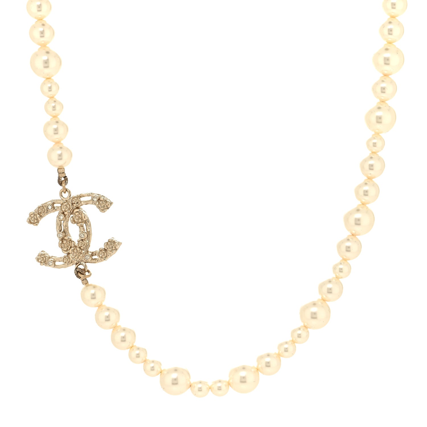 Chanel Pearl Crystal CC Camellia Short Necklace Gold 1 of 5