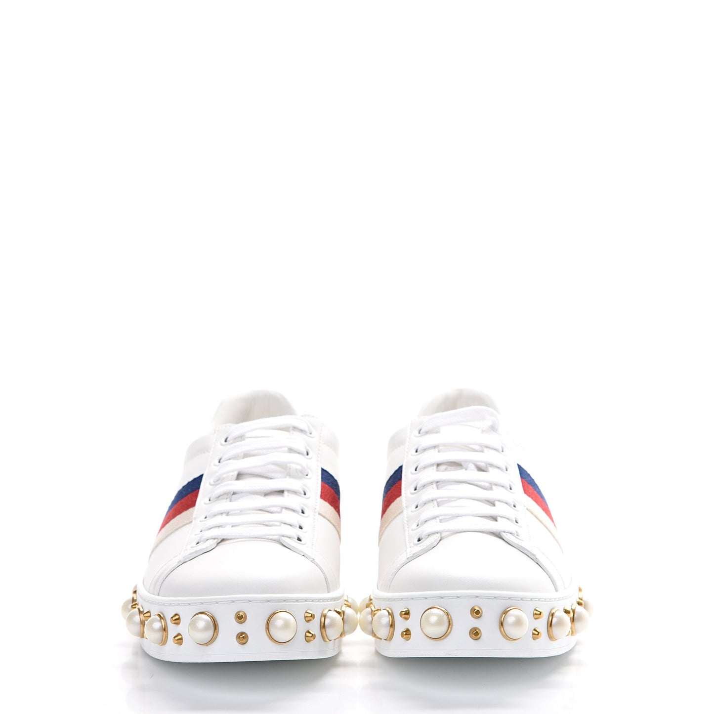 Calfskin Ayers Web Pearl Studded Womens Ace Sneakers 38.5 White