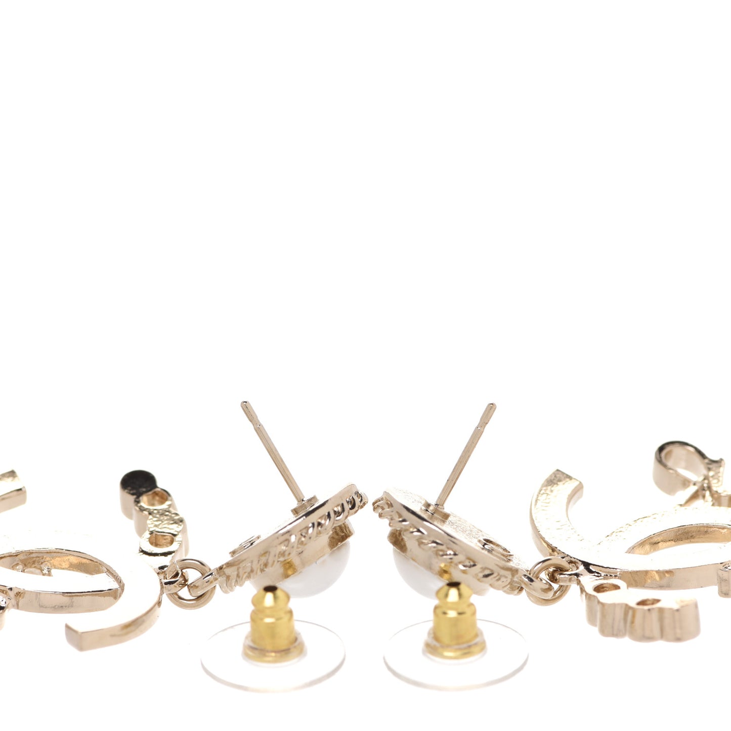 Metal Pearl Crystal Coco Script CC Drop Earrings Gold