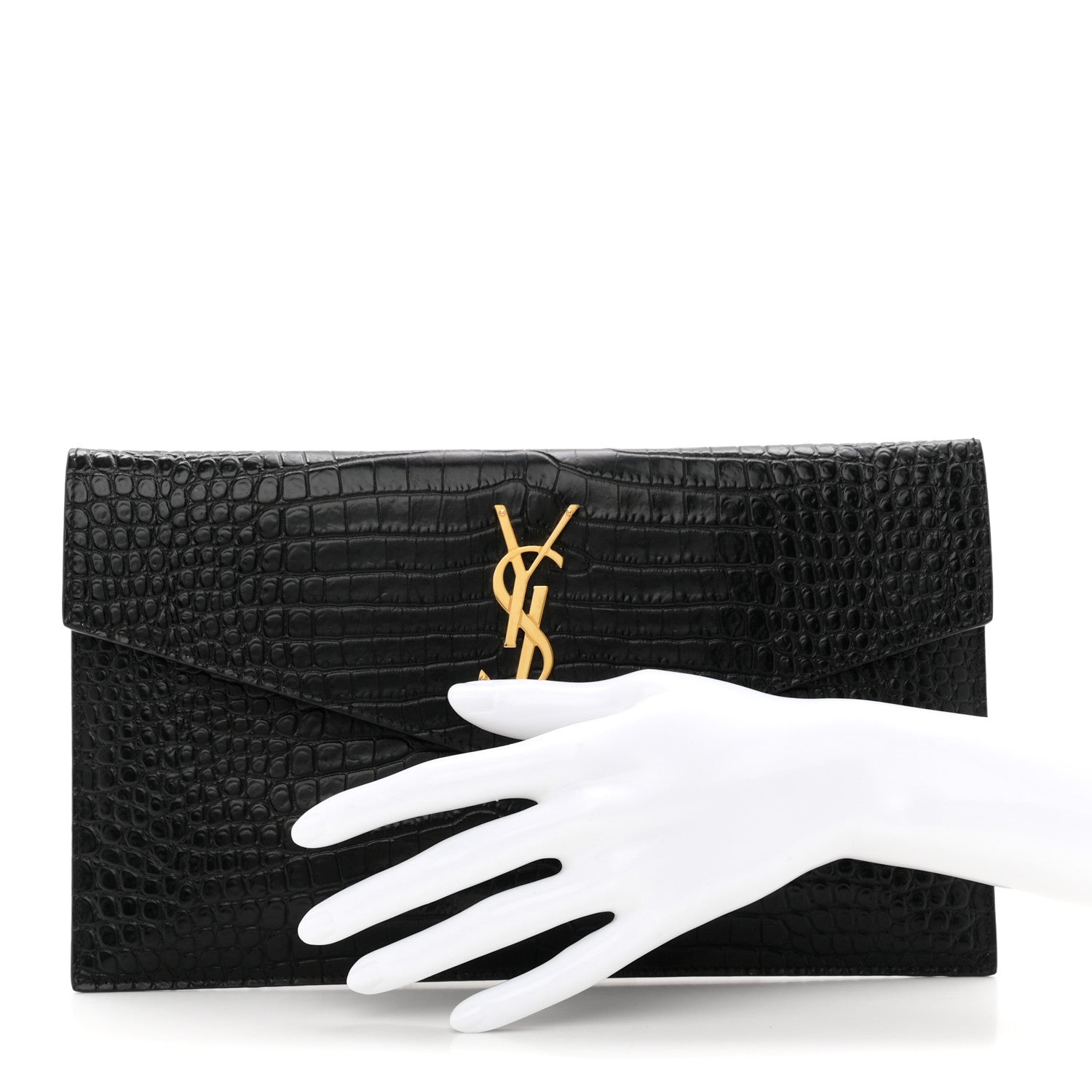 Saint Laurent Calfskin Crocodile Embossed Uptown Monogram Pouch Black 2 of 7
