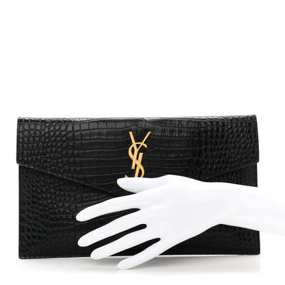 Saint Laurent Calfskin Crocodile Embossed Uptown Monogram Pouch Black 2 of 7