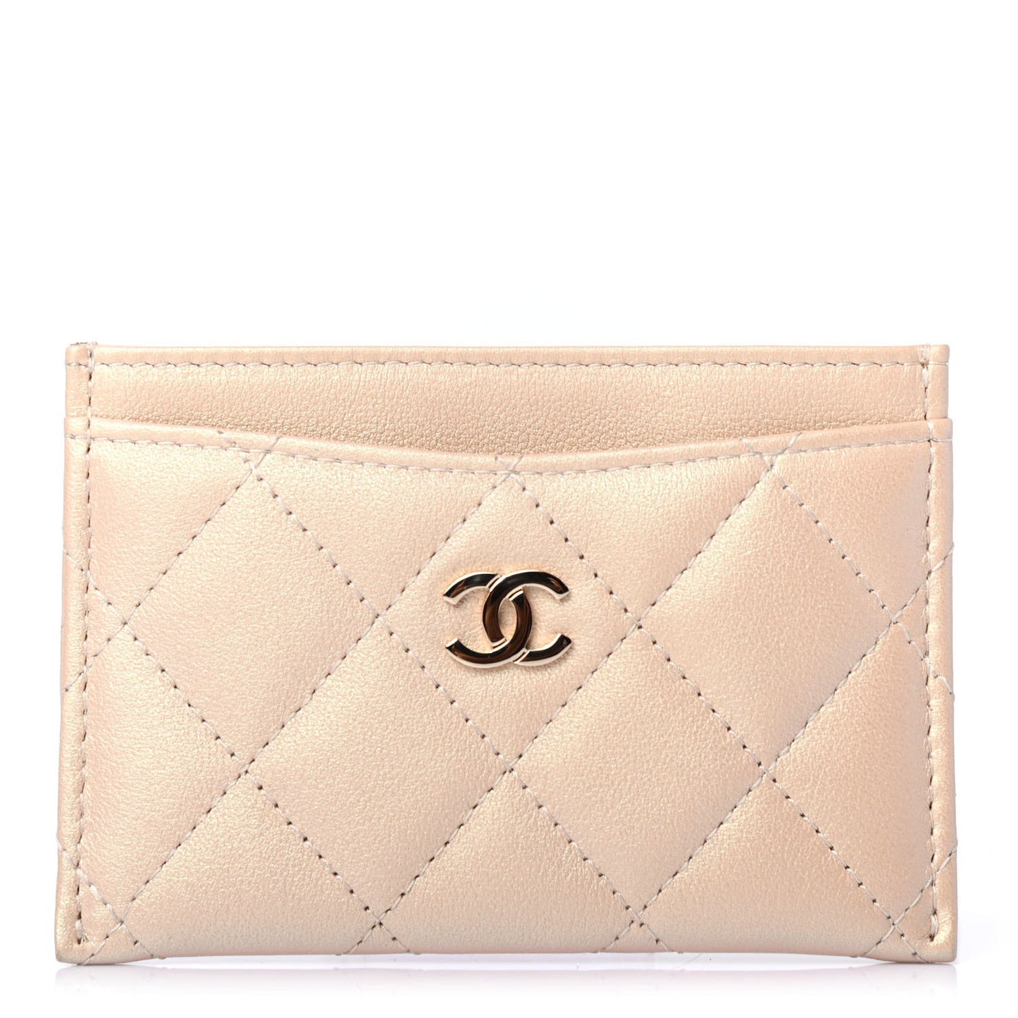 Iridescent Calfskin Quilted Card Holder Beige