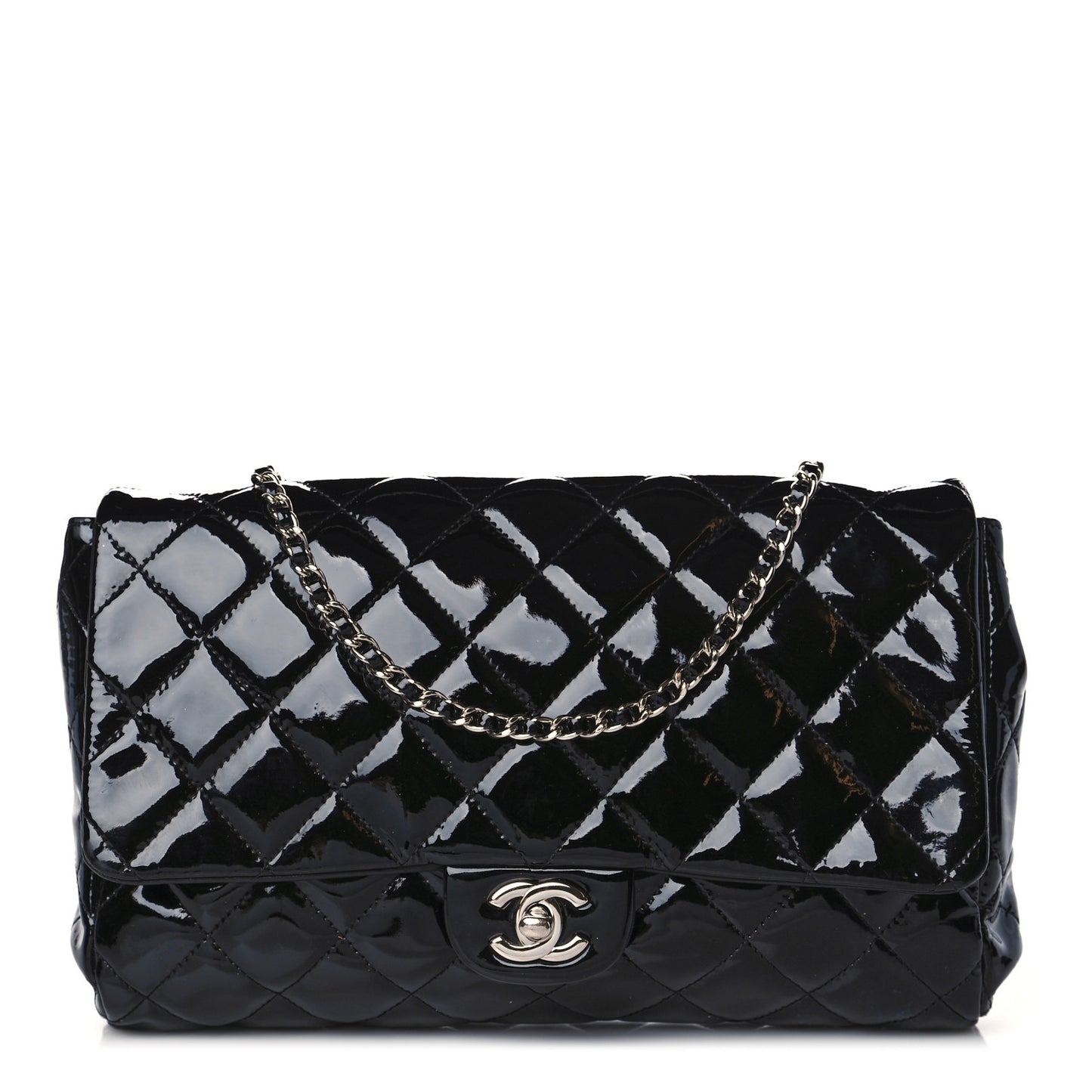 Patent Quilted Clutch with Chain Flap Black