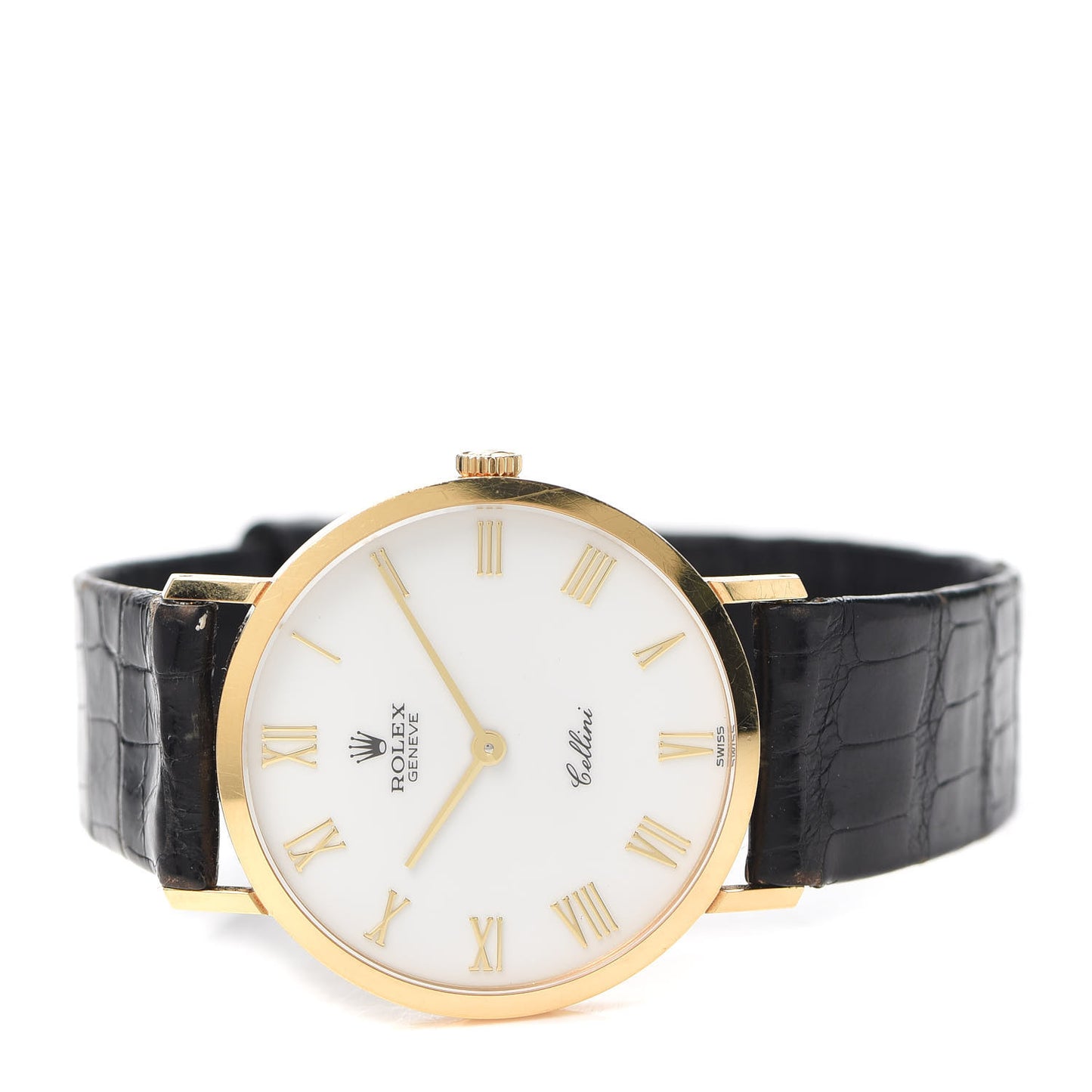 18K Yellow Gold Alligator 32mm Cellini Manual Winding Watch White 4112