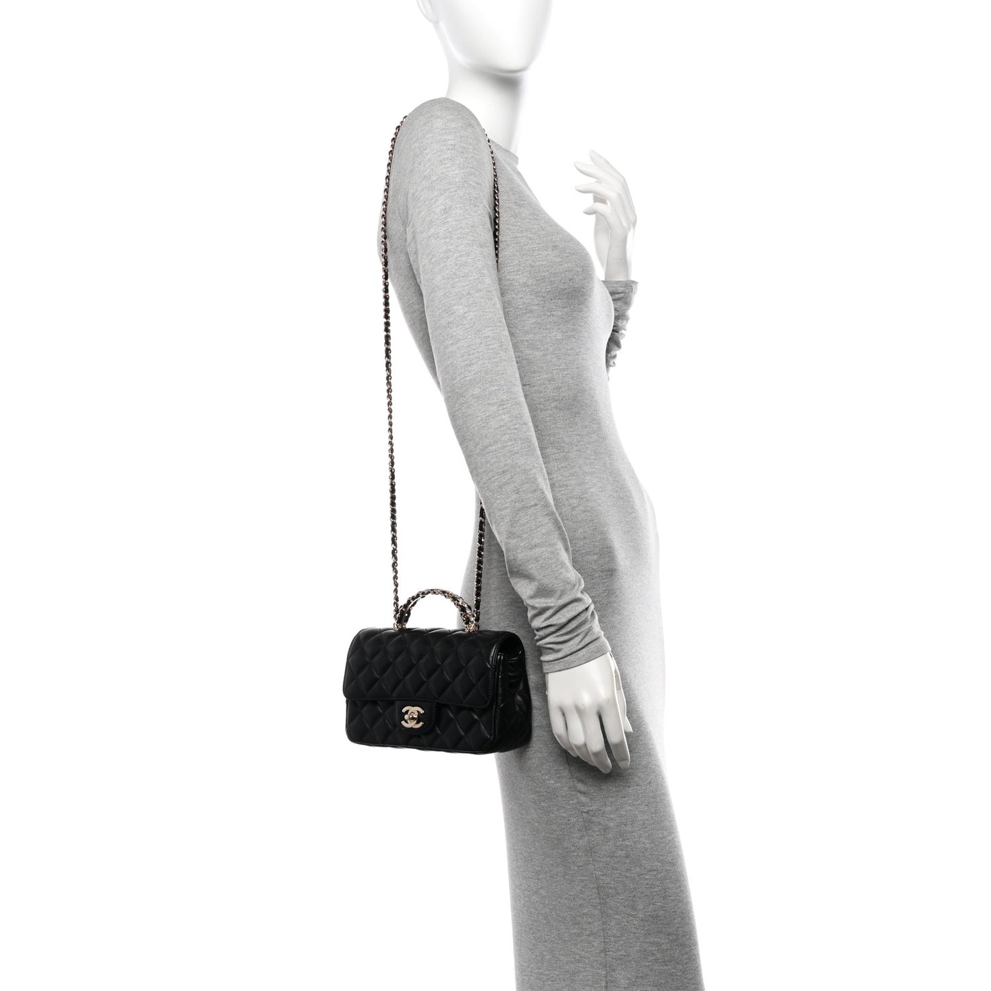 Lambskin Quilted Mini Crystal Top Handle Rectangular Flap Black