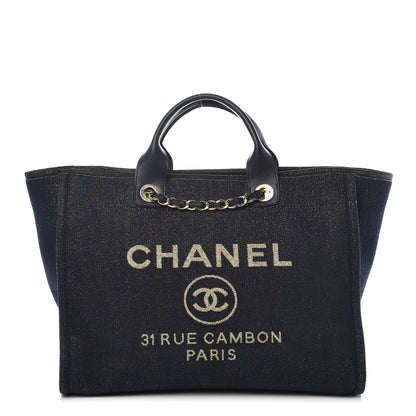 Chanel Lurex Canvas Medium Deauville Tote Navy Blue Gold 1 of 10
