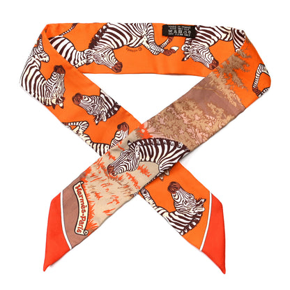 Hermes Silk Les Zebres Twilly Orange Beige Brun 1 of 4