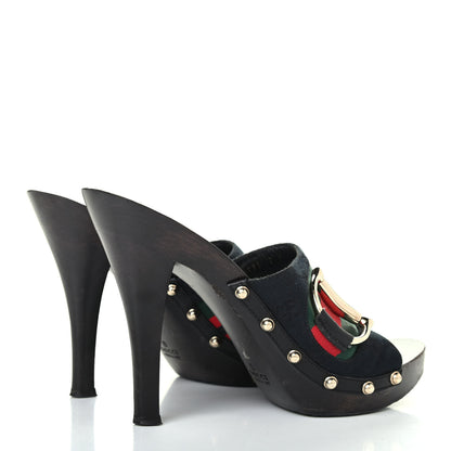 Gucci Monogram Natural Pigskin Web Icon Bit Platform Clog High Heel Slide Sandals 9 Black 3 of 4
