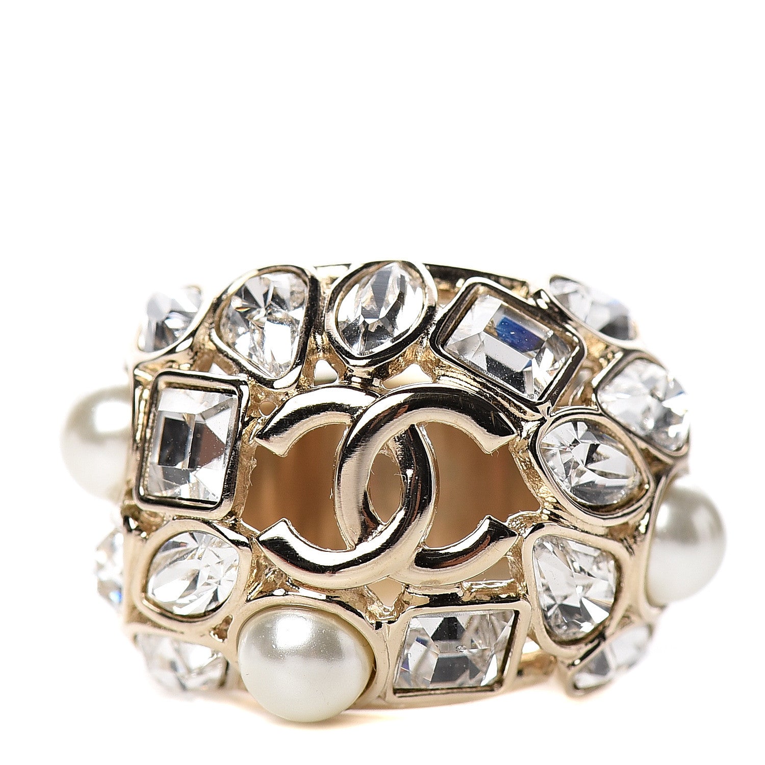 Chanel Metal Glass Pearl Strass Snowfall Ring 52 6 Light Gold 1 of 4