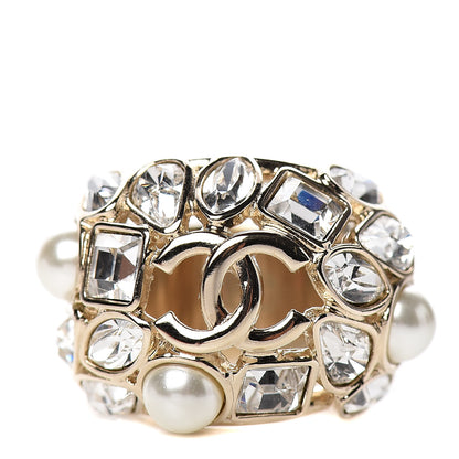 Chanel Metal Glass Pearl Strass Snowfall Ring 52 6 Light Gold 1 of 4