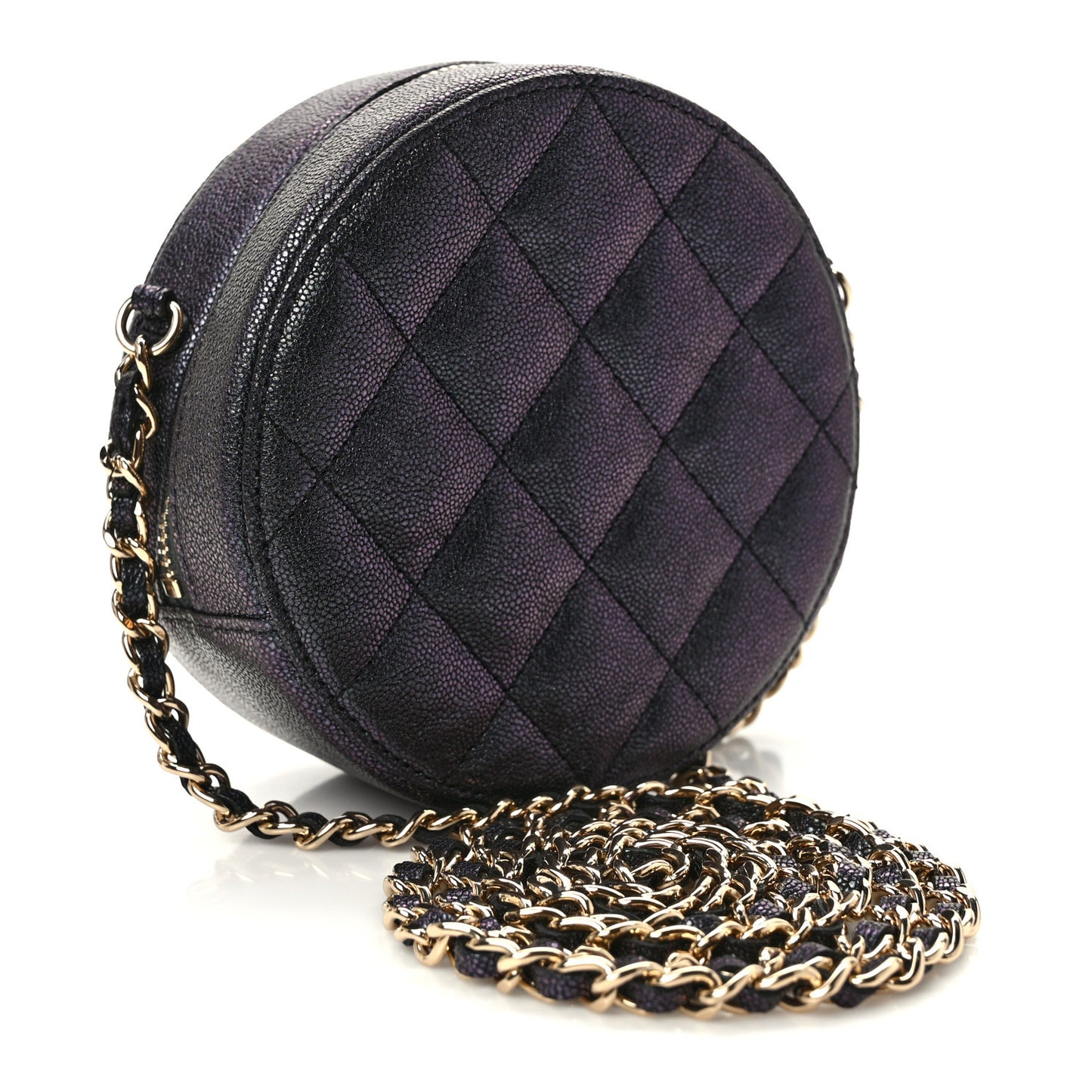 Iridescent Caviar Quilted Round Clutch With Chain Black