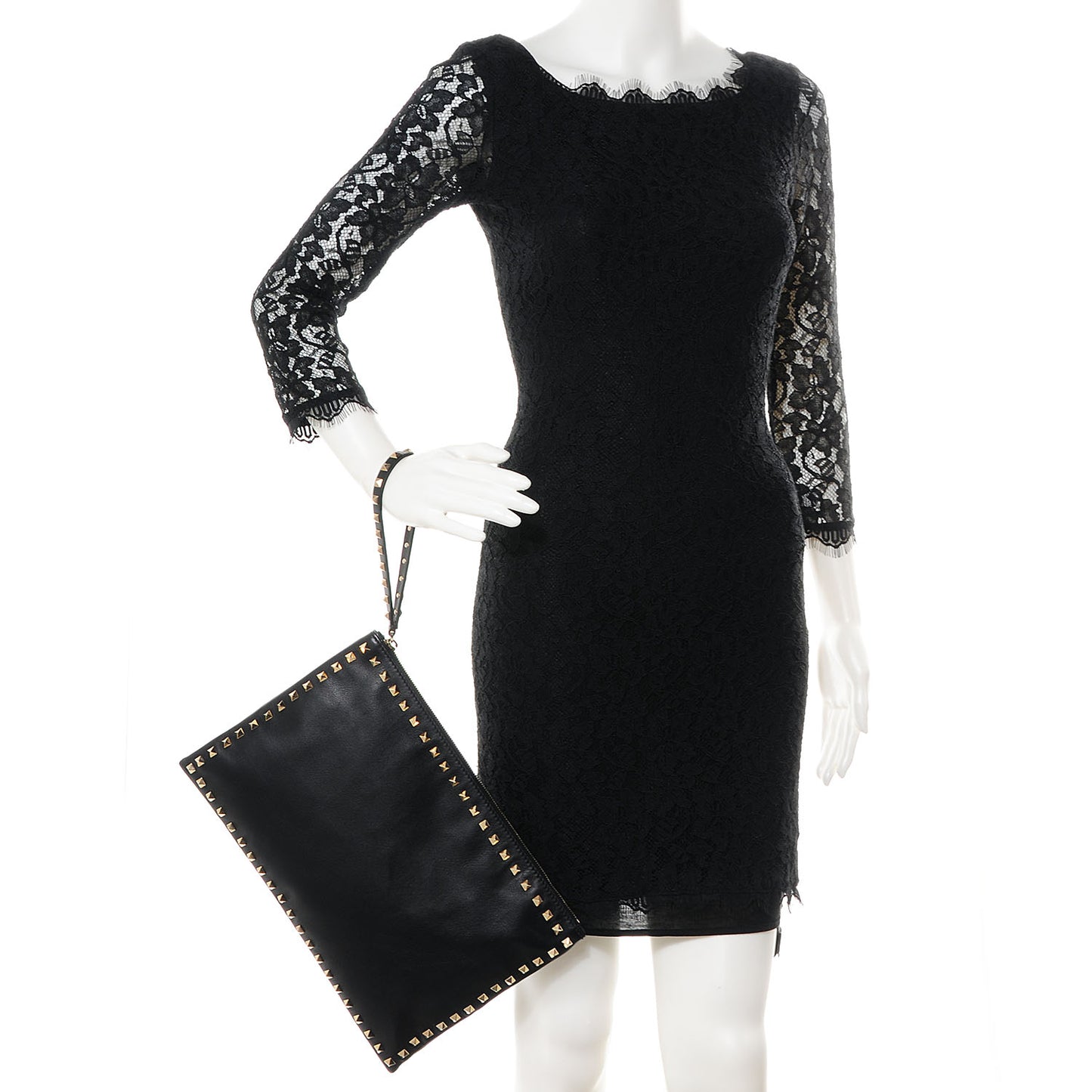 Vitello Large Rockstud Zip Wristlet Pouch Black