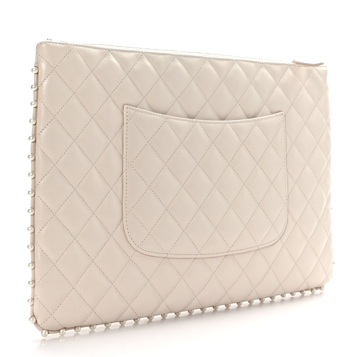 Calfskin Quilted Large Pearl Cosmetic Case Light Beige