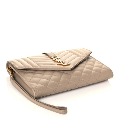Saint Laurent Grain De Poudre Textured Mixed Matelasse Triquilt Monogram Clutch Dark Beige 4 of 12