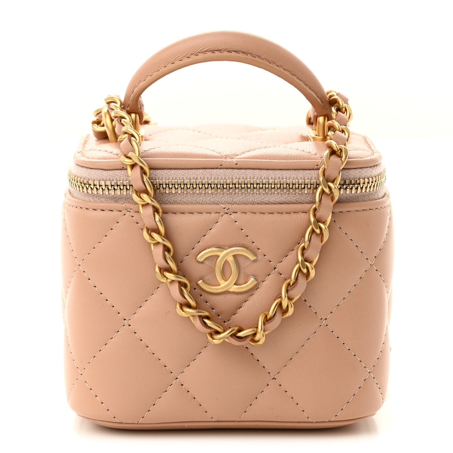 Lambskin Quilted Top Handle Mini Vanity Case With Chain Beige