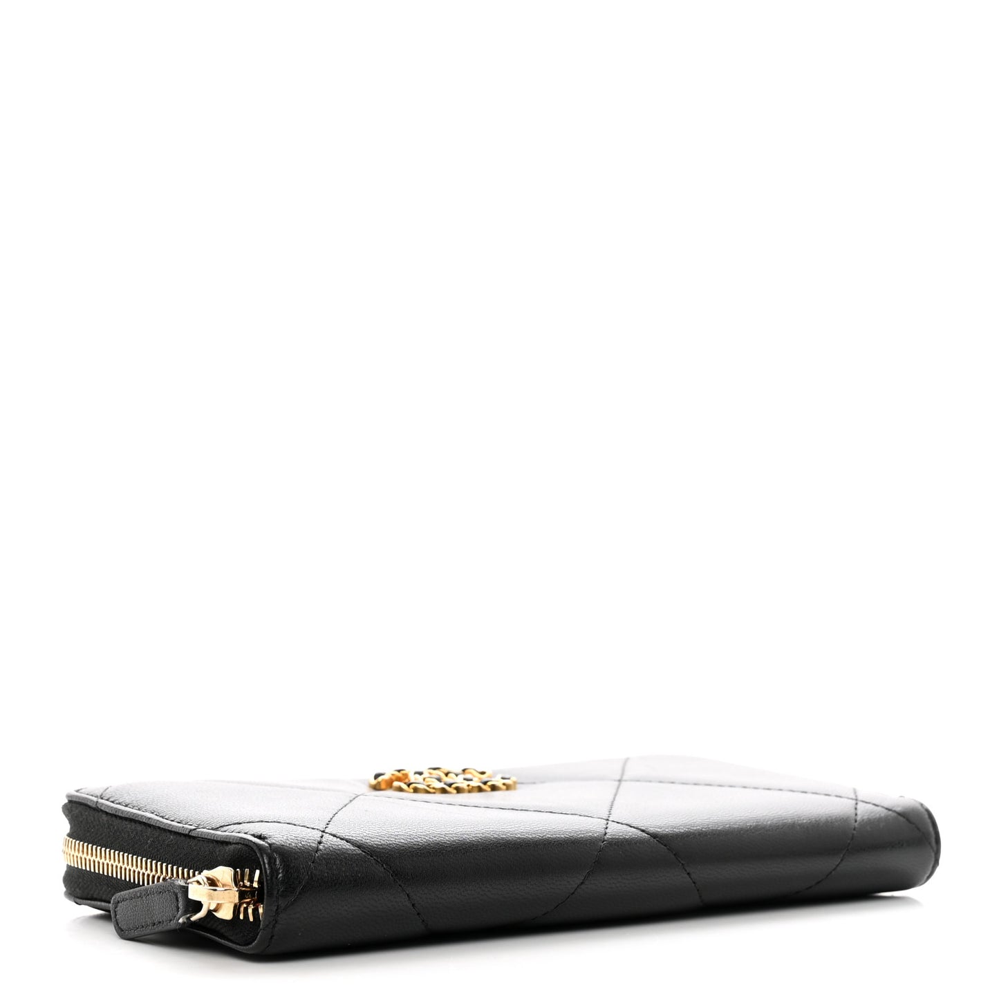 Shiny Goatskin Quilted Chanel 19 Long Zipped Around Wallet Black