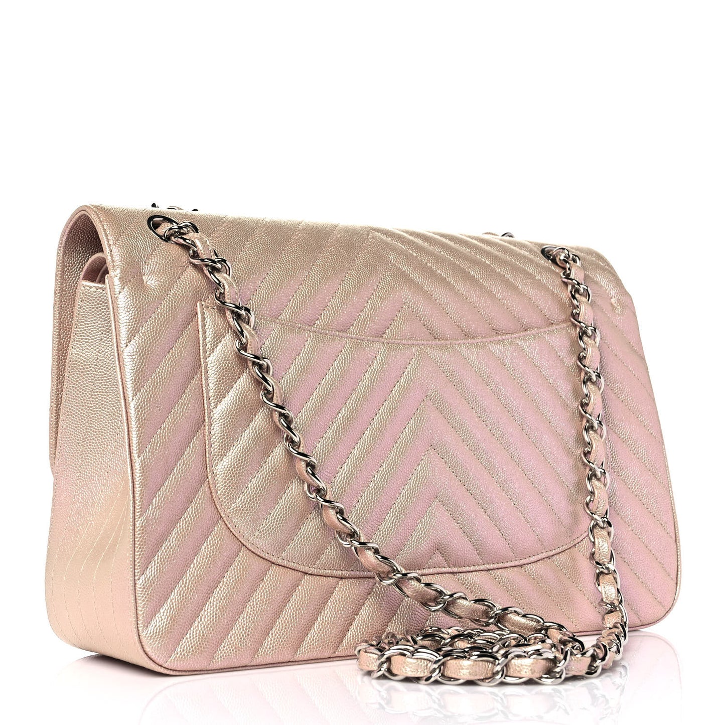 Metallic Caviar Chevron Quilted Jumbo Double Flap Light Gold