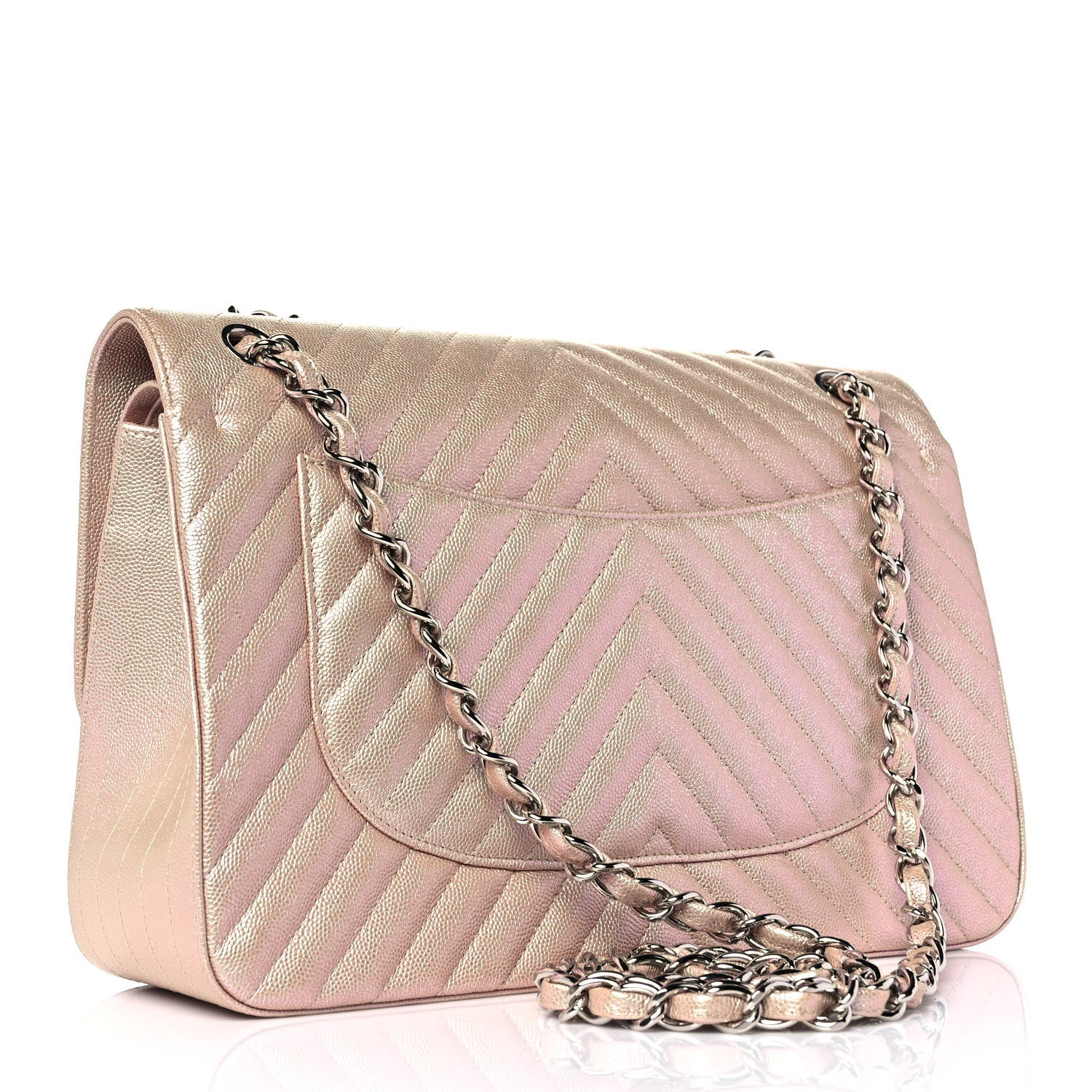 Chanel Metallic Caviar Chevron Quilted Jumbo Double Flap Light Gold 3 of 9