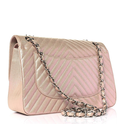 Chanel Metallic Caviar Chevron Quilted Jumbo Double Flap Light Gold 3 of 9