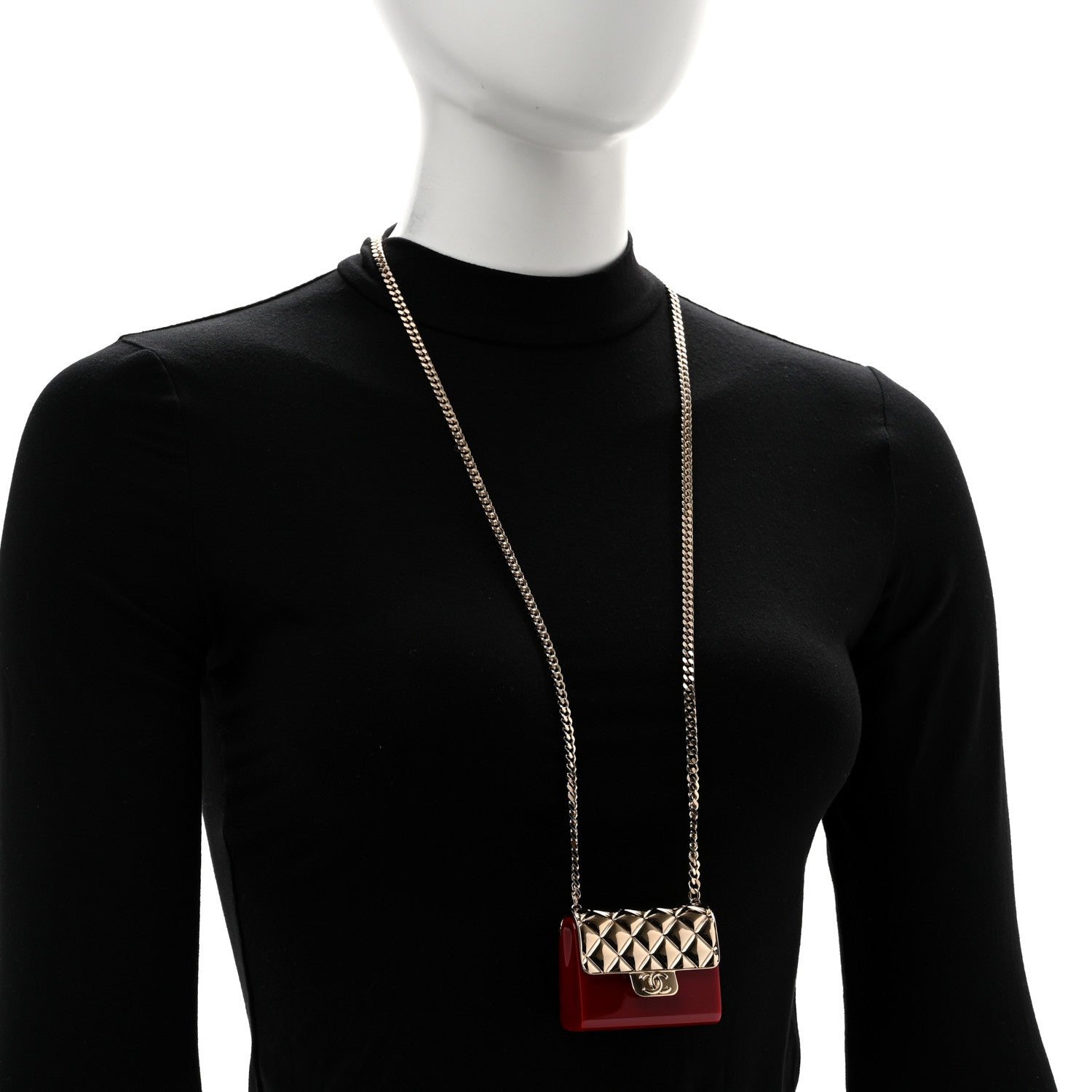 Chanel Metal Resin Flap Bag Long Necklace Gold Red 2 of 6