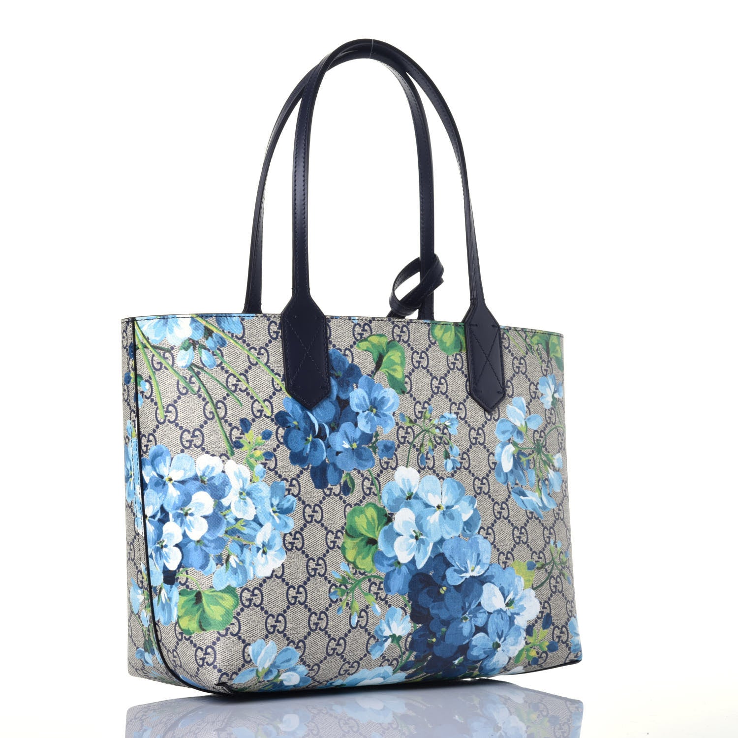 Gucci GG Supreme Monogram Blooms Small Reversible Tote Beige Blue Navy 8 of 30