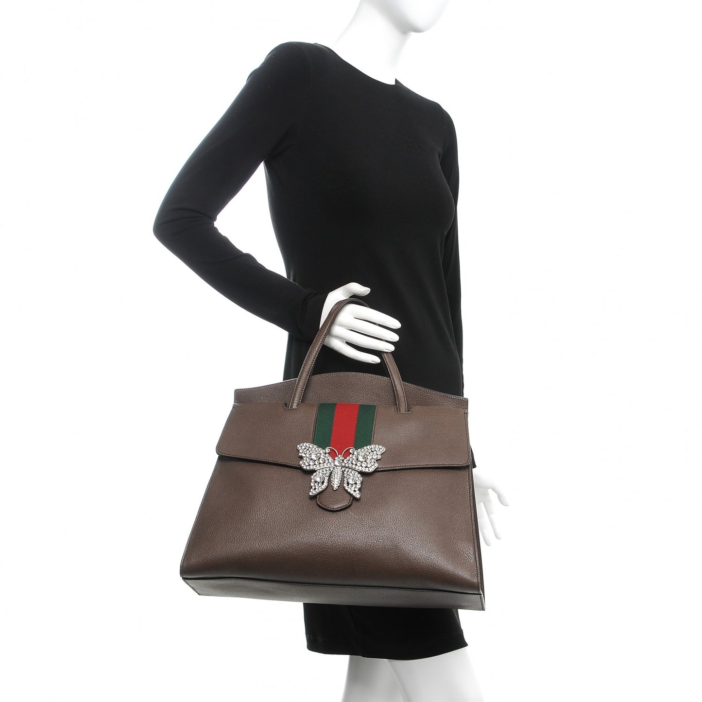 Textured Calfskin Web Crystal Butterfly Stripe Large Totem Top Handle Bag New Acero