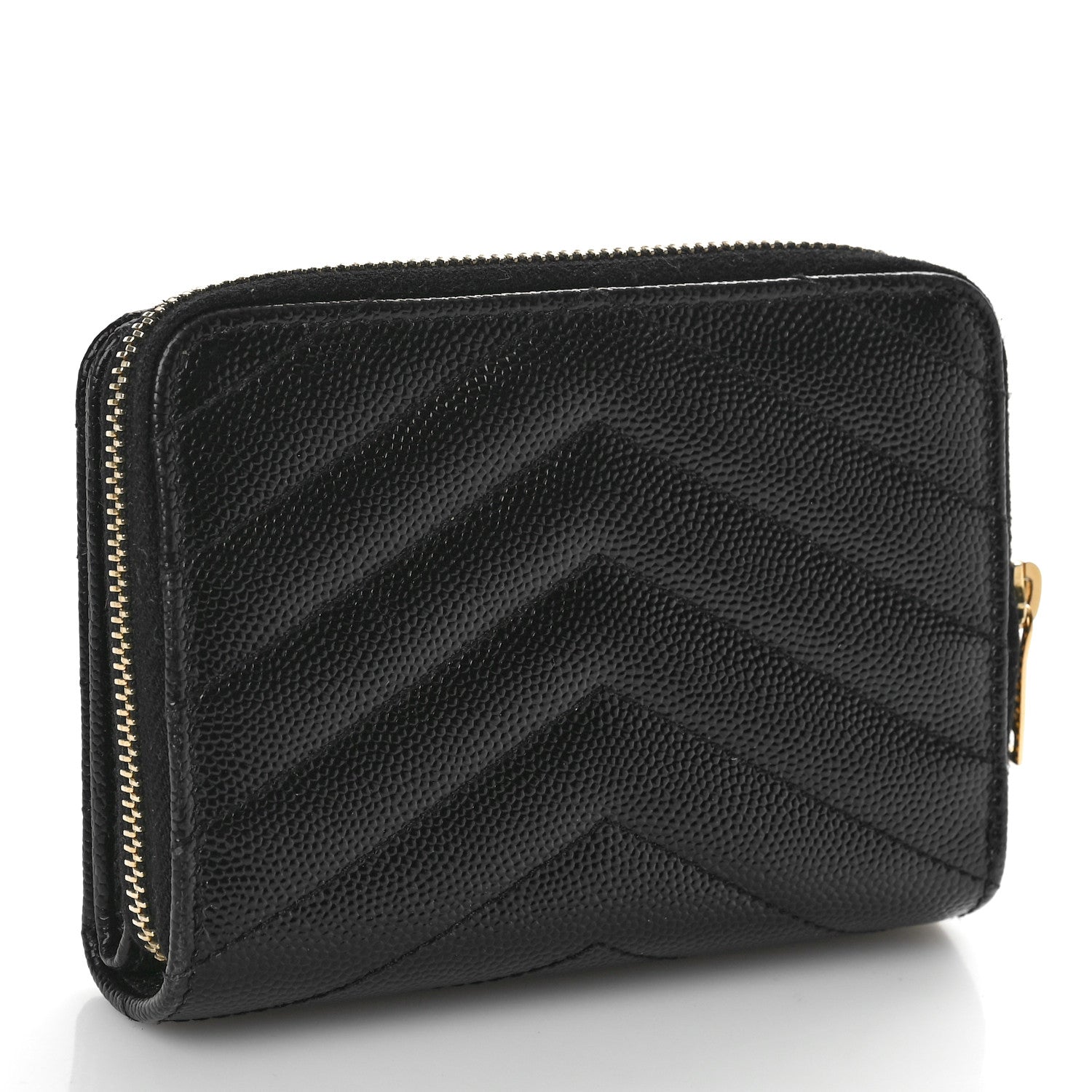 Saint Laurent Grain De Poudre Matelasse Chevron Monogram Compact Zip Around Wallet Black 3 of 8