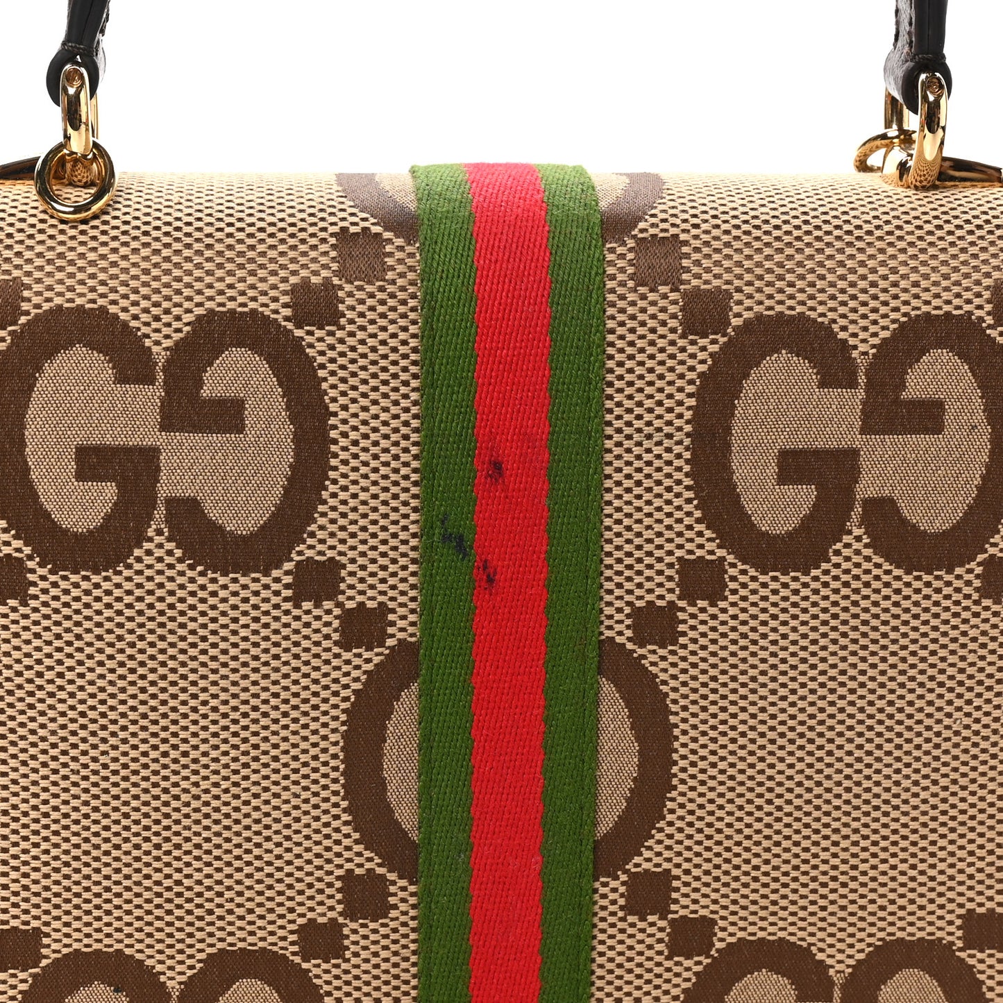 Monogram Jumbo GG Textured Dollar Calfskin Web Small Ophidia Padlock Top Handle Bag Camel Ebony New Acero