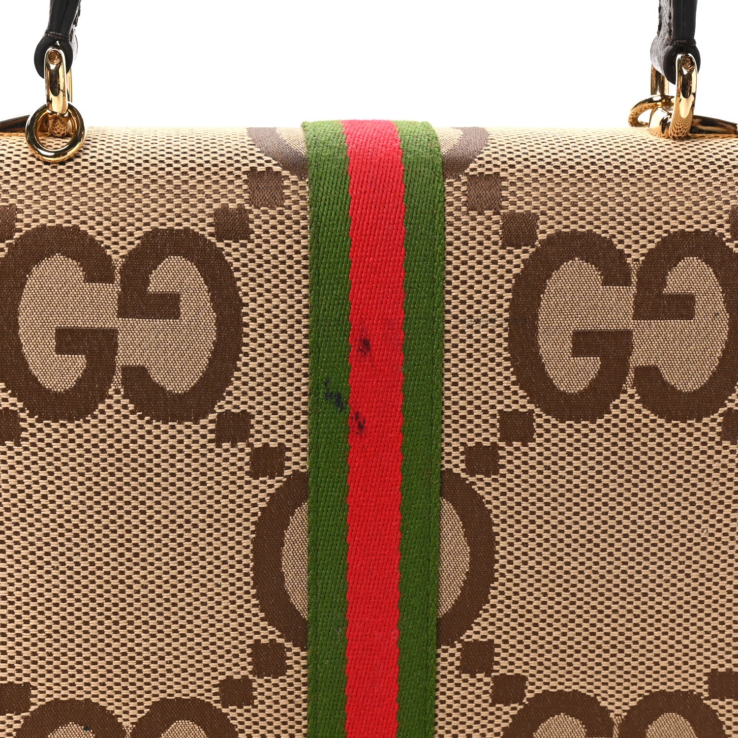 Gucci Monogram Jumbo GG Textured Dollar Calfskin Web Small Ophidia Padlock Top Handle Bag Camel Ebony New Acero 11 of 11
