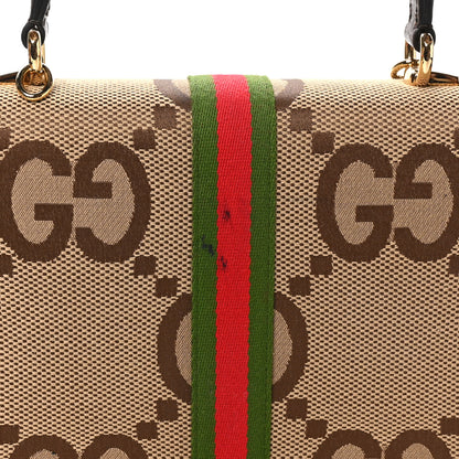 Gucci Monogram Jumbo GG Textured Dollar Calfskin Web Small Ophidia Padlock Top Handle Bag Camel Ebony New Acero 11 of 11