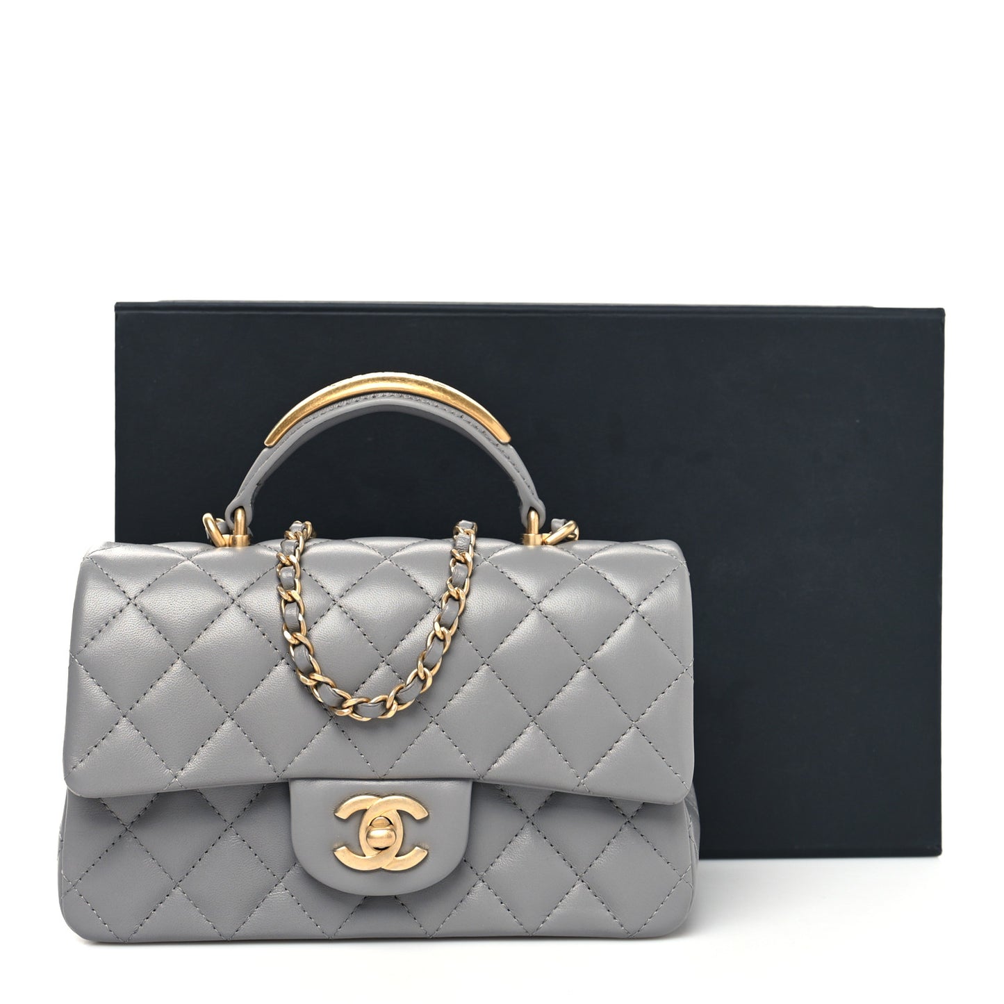 Lambskin Metal Quilted Mini Top Handle Rectangular Flap Grey